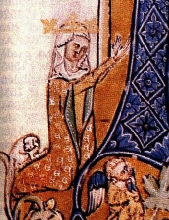 Na rysunku widoczna jest kobieta, która klęczy. Na głowie ma białą chustę i koronę i ubrana jest w zdobione szaty. Obok niej znajdują się aniołki. 