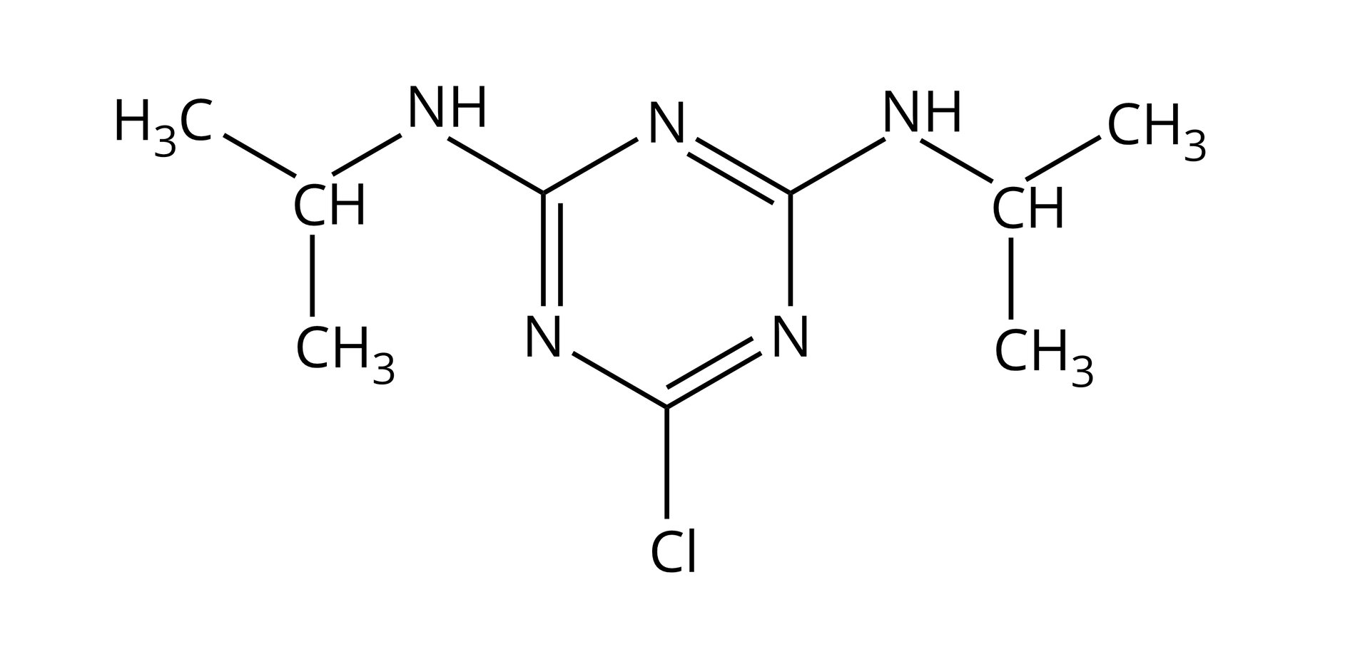 Ilustracja przedstawia wzór półstrukturalny propazyny. Sześcioczłonowy pierścień tworzą trzy atomy węgla i trzy azotu, występują na przemian wiązania podwójne i pojedyncze. Jeden z atomów węgla jest podstawiony chlorem -Cl. Pozostałe tworzą wiązania z atomami azotu, do których przyłączone są grupy izopropylowe i atomy wodoru.