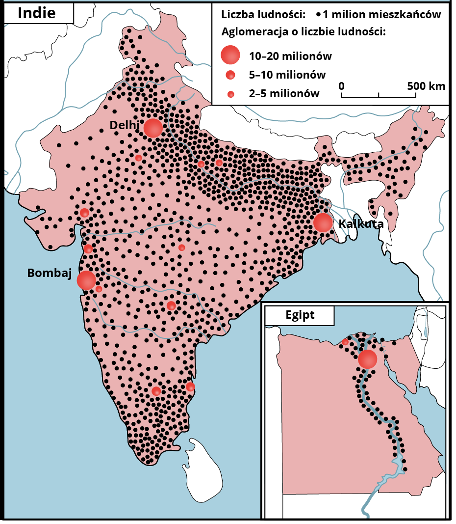 Na mapie świata są Indie oraz fragment mapy Egiptu. W Indiach zaznaczono duże miasta: Delhi, Bombaj, Kalkutę. To miasta z liczbą ludności od 10 do 20 milionów. Mniejszymi kropkami zaznaczono miasta z liczbą ludności od 5 do 10 milionów oraz od 2 do 5 milionów. Wszystkie miasta leżą w pobliżu rzek. W Egipcie aglomeracje o licznie ludności od 10 do 20 milionów oraz mniejsze od 2 do 5 milionów zaznaczono u ujścia rzeki.    