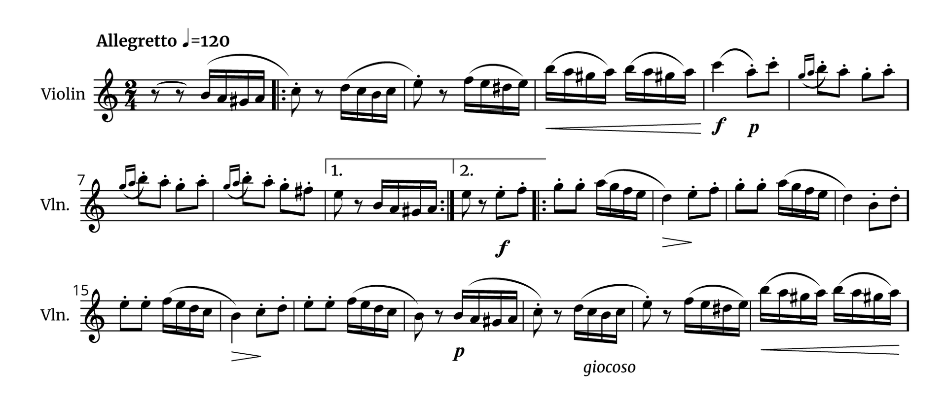 Grafika przedstawia zapis głównego tematu utworu „Marsz Turecki” autorstwa Wolfganga Amadeusza Mozarta [czytaj: mocarta]. Utwór jest napisany w metrum dwie czwarte, w tonacji a‑moll i grany jest w tempie allegretto [czytaj: alegretto] (czyli stu dwudziestu ćwierćnut na minutę). Wszystkie dźwięki znajdują się w obrębie oktaw razkreślnej oraz dwukreślnej i są zapisane w kluczu wiolinowym. Partytura przeznaczona jest na skrzypce. W takcie pierwszym na pierwszą miarę zapisano dwie pauzy ósemkowe, a następnie cztery szesnastki jako jedną frazę: kolejno h, a, gis oraz a. W drugim takcie na pierwszą miarę grana jest ósemka c z artykulacją staccato [czytaj: stakato]; na niej kończy się fraza z przedtaktu. Dalej zapisano pauzę ósemkową, a na drugą miarę cztery szesnastki jako jedną frazę: kolejno d, c, h oraz c. Przed drugim taktem zapisano początek repetycji. W trzecim takcie na pierwszą miarę wykonywana jest ósemka e z artykulacją staccato [czytaj: stakato], na której kończy się fraza rozpoczęta w takcie poprzednim. Dalej zapisano pauzę ósemkową, a na drugą miarę cztery szesnastki, ponownie jako jedną frazę: f, e, dis oraz e. W czwartym takcie na pierwszą miarę zapisano frazę złożoną z czterech ósemek: h, a, gis oraz a, natomiast na miarę drugą ponownie taką samą frazę. Pod taktem zapisano crescendo [czytaj: kreszendo]. W piątym takcie na pierwszą miarę grana jest ćwierćnuta c, pod którą zapisano dynamikę forte; ćwierćnuta grana jest jako jedna fraza z ósemką a na drugą miarę, po której zapisano ósemkę c. Obie ósemki na drugą miarę grane są z artykulacją staccato [czytaj: stakato], na drugą miarę następuje również zmiana dynamiki na piano [czytaj: piano]. W szóstym takcie na pierwszą miarę zapisano dwie przednutki‑szesnastki g oraz a, które grane są jako fraza z ósemką h na pierwszą miarę. Dalej zapisano ósemkę a; obie ósemki, zapisane na pierwszą miarę, są grane z artykulacją staccato [czytaj: stakato]. Na miarę drugą zapisano dwie ósemki: g oraz a, obie z artykulacją staccato [czytaj: stakato]. W siódmym takcie na pierwszą miarę zapisano dwie przednutki‑szesnastki g oraz a, które są grane jako jedna fraza z ósemką h na pierwszą miarę, wykonywaną z artykulacją staccato [czytaj: stakato]. Dalej zapisano ósemkę a, natomiast na drugą miarę ósemki g oraz a, przy czym wszystkie z artykulacją staccato [czytaj: stakato]. W takcie ósmym ponownie zapisano przednutki‑szesnastki g oraz a, które są spięte frazą z dźwiękiem na pierwszą miarę. Na początku taktu grane są ósemki h oraz a, obie z artykulacją staccato [czytaj: stakato], natomiast na drugą miarę ósemki g oraz fis, ponownie z artykulacją staccato [czytaj: stakato]. W takcie dziewiątym na pierwszą miarę wykonywana jest ósemka e, po niej zapisano pauzę ósemkową, a na drugą miarę szesnastki h, a, gis oraz a. Nad taktem zapisano pierwszą woltę, a po takcie koniec repetycji. W takcie dziesiątym na pierwszą miarę grana jest ósemka e, po niej zapisano pauzę ósemkową, a na miarę drugą ósemki e oraz f, obie z artykulacją staccato [czytaj: stakato]. Pod drugą miarę zaznaczono zmianę dynamiki na forte [czytaj: forte]. Nad taktem zapisano symbol drugiej wolty. W jedenastym takcie na pierwszą miarę grane są dwie ósemki g z artykulacją staccato [czytaj: stakato], a na miarę drugą szesnastki: a, g, f oraz e jako jedna fraza. W takcie dwunastym na pierwszą miarę kończy się fraza z taktu poprzedniego – na pierwszą miarę wykonywana jest ćwierćnuta d, pod którą zapisano diminuendo [czytaj: diminuendo]. Na miarę drugą grane są ósemki: e oraz f, obie z artykulacją staccato [czytaj: stakato]. W trzynastym takcie na pierwszą miarę grane są dwie ósemki g, obie z artykulacją staccato [czytaj: stakato], a na miarę drugą fraza, złożona z czterech szesnastek: a, g, f oraz e. W takcie czternastym na pierwszą miarę grana jest ćwierćnuta d, na której kończy się fraza z taktu poprzedniego. Na drugą miarę wykonywane są ósemki: h oraz d, obie z artykulacją staccato [czytaj: stakato]. W piętnastym takcie na pierwszą miarę grane są dwie ósemki e, obie z artykulacją staccato [czytaj: stakato]. Na drugą miarę zapisano cztery szesnastki jako frazę: f, e, d oraz c. W takcie szesnastym fraza kończy się na pierwszej mierze, czyli ćwierćnucie h, pod którą zapisano diminuendo [czytaj: diminuendo]. Na miarę drugą grane są ósemki c oraz d, obie z artykulacją staccato [czytaj: stakato]. W takcie siedemnastym na pierwszą miarę grane są dwie ósemki e, obie z artykulacją staccato [czytaj: stakato]. Na drugą miarę zapisano jako frazę cztery szesnastki: f, e, d oraz c. W osiemnastym takcie na pierwszą miarę grana jest ósemka h, która kończy frazę rozpoczętą w takcie poprzednim. Dalej zapisano pauzę ósemkową, a na drugą miarę szesnastki h, a, gis oraz a, które tworzą frazę; pod nimi zapisano zmianę dynamiki na piano [czytaj: piano]. W takcie dziewiętnastym na pierwszą miarę grana jest ósemka c z artykulacją staccato [czytaj: stakato], na której kończy się fraza. Następnie zaznaczono pauzę ósemkową, a na miarę drugą grane są ósemki d, c, h oraz c jako fraza; pod nią zapisano giocoso [czytaj: dżjokozo], czyli żartobliwie. W dwudziestym takcie na pierwszą miarę grana jest ósemka e z artykulacją staccato [czytaj: stakato], na której kończy się fraza; dalej zapisano pauzę ósemkową, a na drugą miarę szesnastki: f, e, dis oraz e, które tworzą frazę. W dwudziestym pierwszym takcie na pierwszą miarę zapisano złożoną z czterech ósemek frazę: h, a, gis oraz a. Na miarę drugą grana jest dokładnie taka sama fraza. Pod taktem zapisano crescendo.
