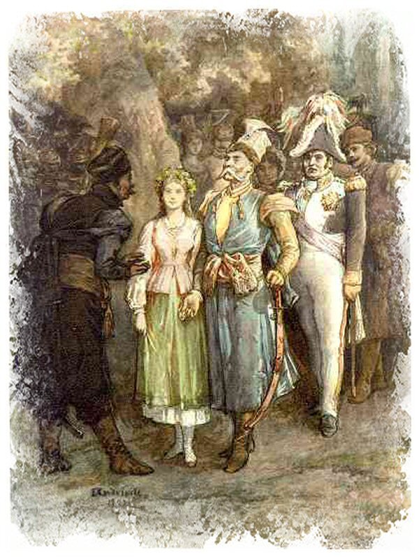 Obraz przedstawia grupę ludzi ustawionych w parach jedna za drugą. Z przodu, po lewej stronie obrazu, stoi mężczyzna w ciemnym ubraniu, ma szerokie spodnie włożone w skórzane, wysokie trzewiki, szeroki pas i czapkę. Stoi on naprzeciwko par, plecami do widza. Zwraca się do pierwszej pary. Jest nią młoda dziewczyna w wianku na głowie, w dwuwarstwowej spódnicy i dopasowanej, rozpinanej koszuli. Lewą ręką trzyma stojącego obok starszego mężczyznę. Stoi wyprostowany; ma siwe, długie wąsy, wysoką czapkę z piórkiem, żupan i kontusz. W lewej ręce trzyma opuszczoną szablę. Za nim młody mężczyzna w mundurze napoleońskim: białe dopasowane spodnie z lampasami. Ma także bluzę od munduru z epoletami, jest przepasany szarfą, na głowie ma czapkę z pióropuszem. W tle widoczne są niewyraźne postaci kolejnych par.