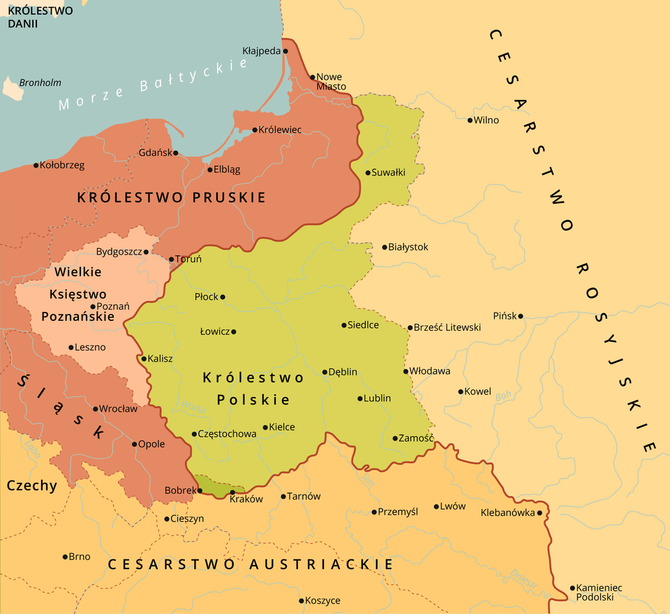 Mapa przedstawia Królestwo Polskie, którego granice przebiegają od wschodniego wybrzeża Morza Bałtyckiego na wysokości miasta Kłajpeda (dzisiejsza Litwa), w dół przez Nowe Miasto, otacza od zachodniej strony Suwałki i dalej odbija pod kątem prawie dziewięćdziesięciu stopni w prawo w stronę Torunia (Toruń leżał poza Królestwem Polskim), potem w dół obok Kalisza, Częstochowy i Krakowa, na wysokości Krakowa granica odbija pod kątem stu osiemdziesięciu stopni na wschód w stronę Zamościa i gwałtownie prowadzi na północ obok Włodawy, Siedlec w stronę Suwałk, gdzie w okolicach Nowego Miasta łączy się w zamkniętą pętle. W obszarze Królestwa Polskiego leżały następujące współczesne polskie miasta: Suwałki, Płock, Łowicz, Siedlce, Kalisz, Dęblin, Lublin, Kielce, Częstochowa, Bobrek, Kraków, Zamość. Królestwo Polskie graniczyło od północy z Królestwem Pruskim, na jego terenie leżały między innym miasta: Kłajpeda, Nowe Miasto, Królewiec, Elbląg, Gdańsk, Toruń, Kołobrzeg. Na zachodzie Królestwo Polskie graniczyło w Wielkim Księstwem Poznańskim z miastami Bydgoszcz, Poznań i Leszno. Na południowym‑zachodzie Królestwo Polskie graniczyło ze Śląskiem z Wrocławiem i Opolem. Od południa Królestwo Polskie graniczyło z Cesarstwem Austriackim, na terenie którego leżały miasta: Tarnów, Cieszyn, Brno, Przemyśl, Koszyce, Lwów, Klebanówka. Od wschodu Królestwo Polskie graniczyło z Cesarstwem Rosyjskim , na którego obszarze leżały miasta: Wilno, Białystok, Pińsk, Brześć Litewski, Włodawa, Kowel, Kamieniec Podolski. 