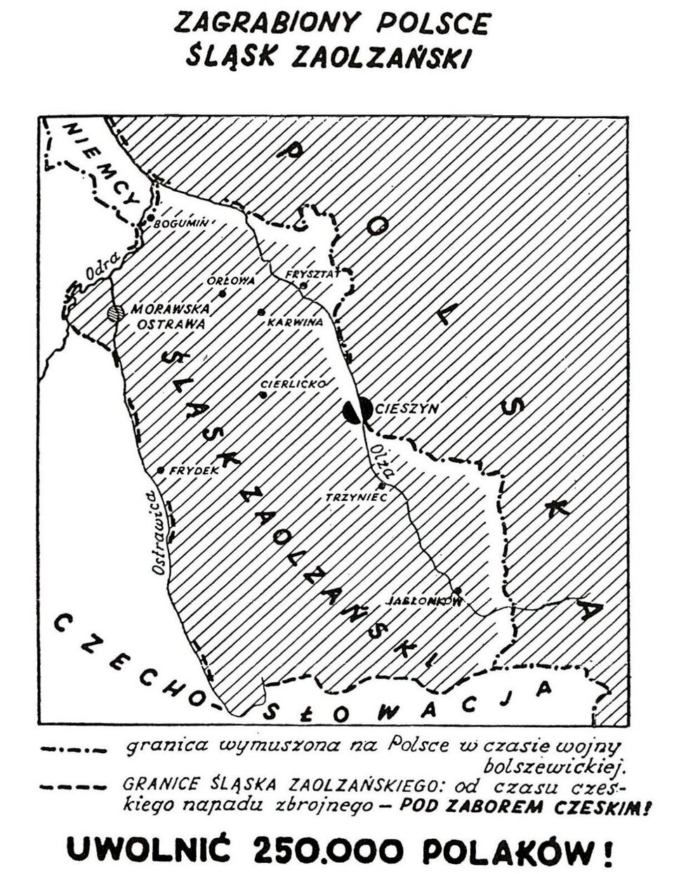 Mapa przedstawia zagrabiony Polsce Śląsk Zaolzański. Granica wymuszona na Polsce w czasie wojny bolszewickiej przebiegała przez Cieszyn. Granice śląska zaolzańskiego od czasu czeskiego napadu zbrojnego pod zaborem czeskim oddzielała Śląsk od Czecho‑Słowacji. 