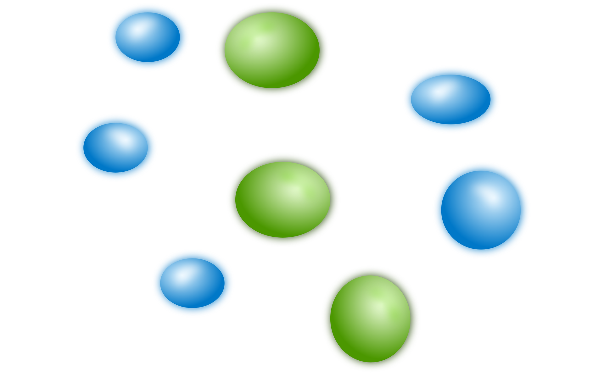 Schemat metapopulacji izolowanej. Przedstawiono trzy koła zielone i pięć kół niebieskich, pozostających w pewnej odległości od siebie. Na schemacie nie ma żadnych strzałek.