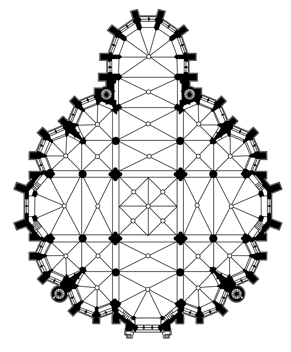 Ilustracja przedstawia rzut budynku w kształcie greckiego krzyża z wbudowanymi między nawy kaplicami. 