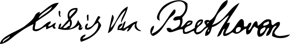 Ilustracja przedstawia podpis Ludwiga van Beethovena. Czarny podpis znajduje się na białym tle. Pismo odręczne, sprawia wrażenie pewnego i wprawnego prowadzenia ręki, ozdobne i zamaszyste.