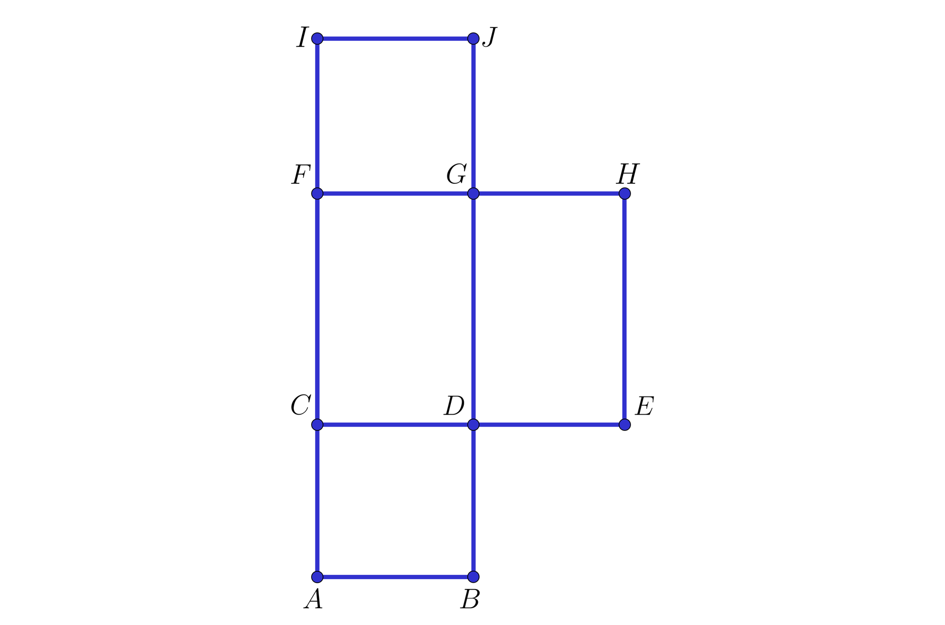 Grafika przedstawia niepełną siatkę bryły geometrycznej składającą się z prostokątów CDGF i DEHG. Powyżej prostokąta CDGF leży kwadrat FGJI a poniżej kwadrat ABCD. 