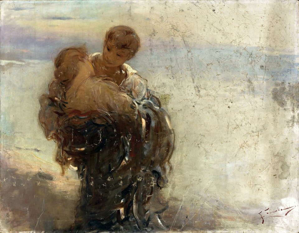 Na obrazie znajduje się para ludzi: mężczyzna i kobieta. Stoją oni przytuleni do siebie. Mężczyzna ma wzrok skierowany na kobietę. Kobieta opiera głowę na ramieniu mężczyzny. Ich ciała zdają się być splecione ze sobą.