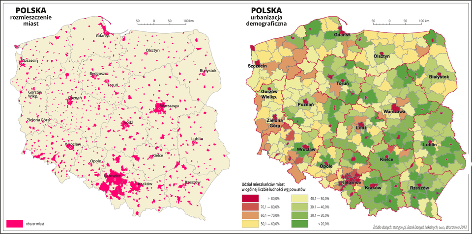 Ilustracja przedstawia dwie mapy Polski. Pierwsza mapa przedstawia rozmieszczenie miast w Polsce i ma kolor kremowy. Miasta oznaczono kolorem ciemnoróżowym, zachowując zarysy kształtów miast. Największe skupisko miast występuje w województwie śląskim. Najmniejsza liczba miast występuje w województwach wschodnich i północnych. Na drugiej mapie przedstawiono udział mieszkańców miast w ogólnej liczbie ludności według powiatów. Granice województw zaznaczone są czerwoną linią. Granice powiatów zaznaczone są czarną linią. Odcieniami koloru czerwonego, pomarańczowego i żółtego oznaczono powiaty, w których udział mieszkańców miast w ogólnej liczbie mieszkańców przekracza pięćdziesiąt procent, a odcieniami koloru zielonego przedstawiono powiaty, w których udział ludności miejskiej wynosi poniżej pięćdziesięciu procent. Kolor zielony dominuje w południowej i wschodniej części kraju. Najciemniejszy odcień koloru czerwonego obrazujący ponad osiemdziesięcioprocentowy udział ludności miejskiej występuje w powiatach na prawach miejskich i w przeważającej części województwa śląskiego. Jaśniejsze odcienie koloru czerwonego i kolor pomarańczowy przeważają w województwach zachodnich. Czerwonymi kropkami zaznaczono miasta wojewódzkie. Po lewej stronie mapy na dole w legendzie umieszczono kolorowe prostokąty i opisano udział mieszkańców miast w ogólnej liczbie ludności. Kolory czerwone, pomarańczowe i żółte obrazują powyżej pięćdziesięciu procent, a kolory zielone – poniżej pięćdziesięciu procent.