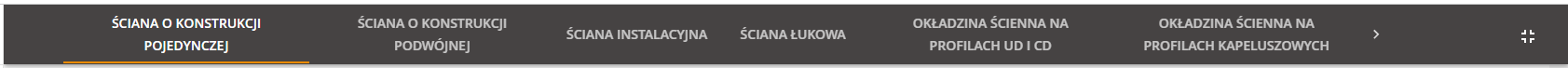 Grafika przedstawia przykładowy wygląd górnego paska z programu ćwiczeniowego, z którego można wybrać typ ściany lub okładziny do przećwiczenia. Widoczne nazwy to ściana o konstrukcji pojedynczej, ściana o konstrukcji podwójnej, ściana instalacyjna, ściana łukowa, okładzina ścienna na profilach UD i CD, okładzina ścienna na profilach kapeluszowych.