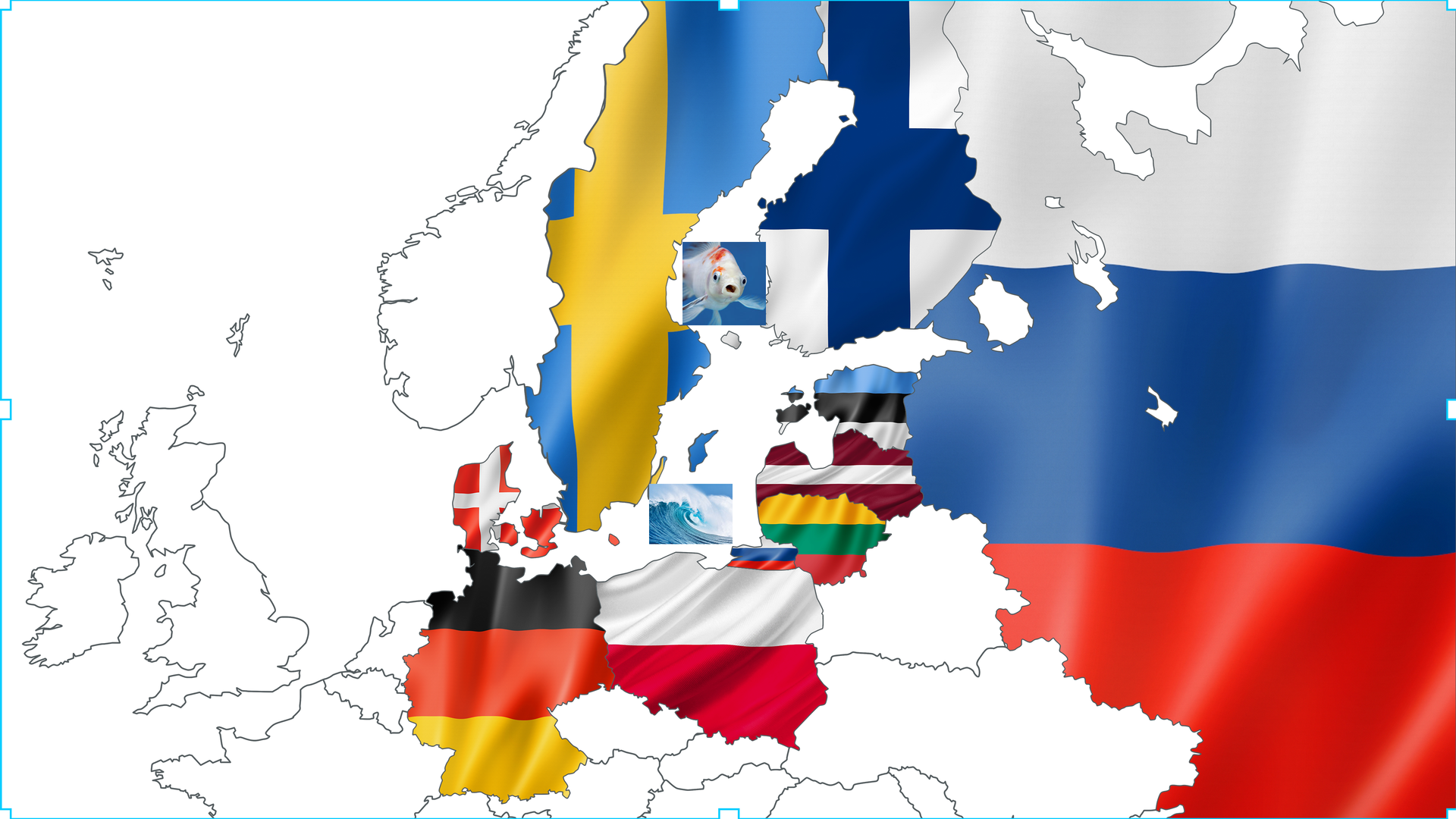 Ilustracja przedstawia kolaż składający się z konturów państw, w które została wpisana flaga kraju i przedstawia państwa nadbałtyckie, czyli takie, które leżą nad Morzem Bałtyckim, są to: Polska, Litwa, Łotwa, Estonia, Rosja, Finlandia, Szwecja, Dania oraz Niemcy. 