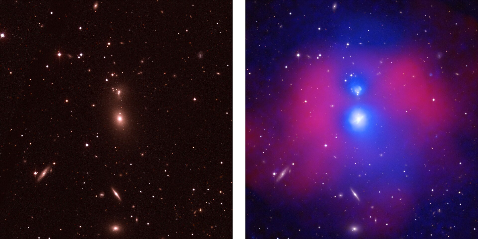 Rys. 5. Po lewej stronie jest zdjęcie nocnego nieba w świetle widzialnym. Na czarnym tle widać kilka świecących na biało punktów. Po prawej stronie jest zdjęcie tego samego obszaru nieba w promieniowaniu rentgenowskim i świetle widzialnym. Oprócz tych samych świecących na biało punktów, w centralnej części znajduje się rozciągnięty pionowo obszar niebieski, a od lewej i prawej strony otaczają go obszary w kolorze czerwonym.