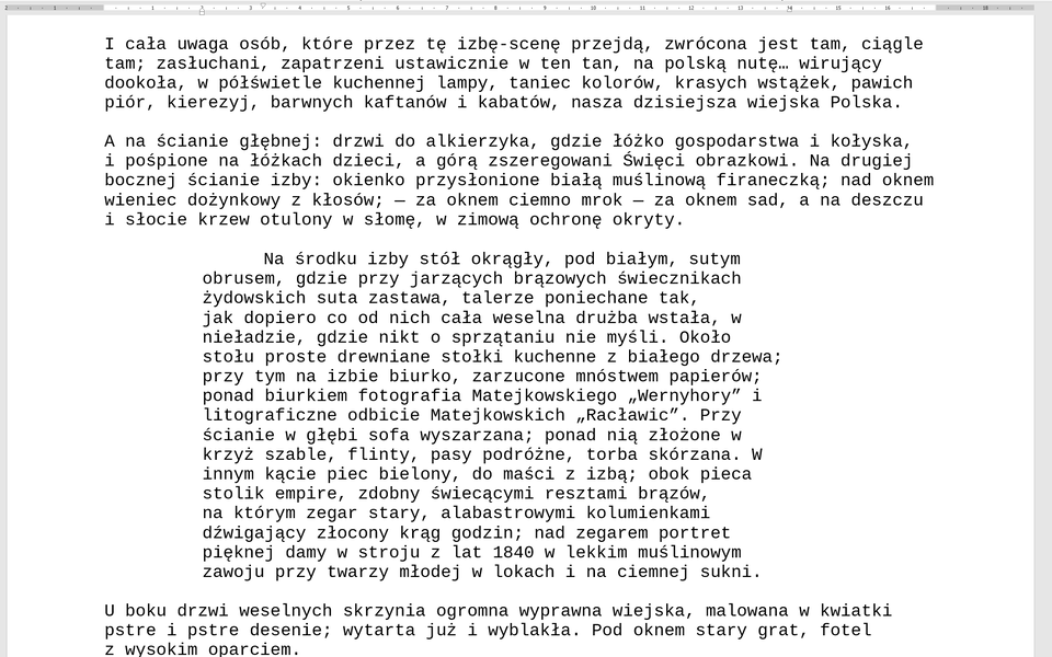 Grafika przedstawia akapit z ustawionymi wcięciami - lewym 2 cm, prawym 3 cm oraz wcięciem pierwszego wiersza ustawionym na 1,25 cm.  Wszystkie ustawienia wcięć znajdują się na linijce położonej nad tekstem. 