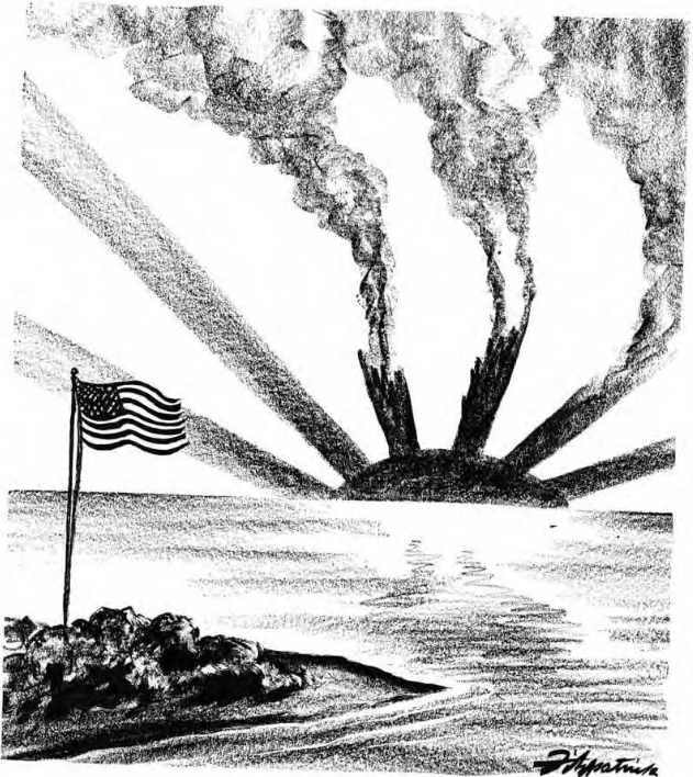 Rysunek promieni słońca nad  horyzontem, niektóre z nich płoną. Na pierwszym planie powiewa fala Stanów Zjednoczonych. Wschodzące słońce nad Midway.
