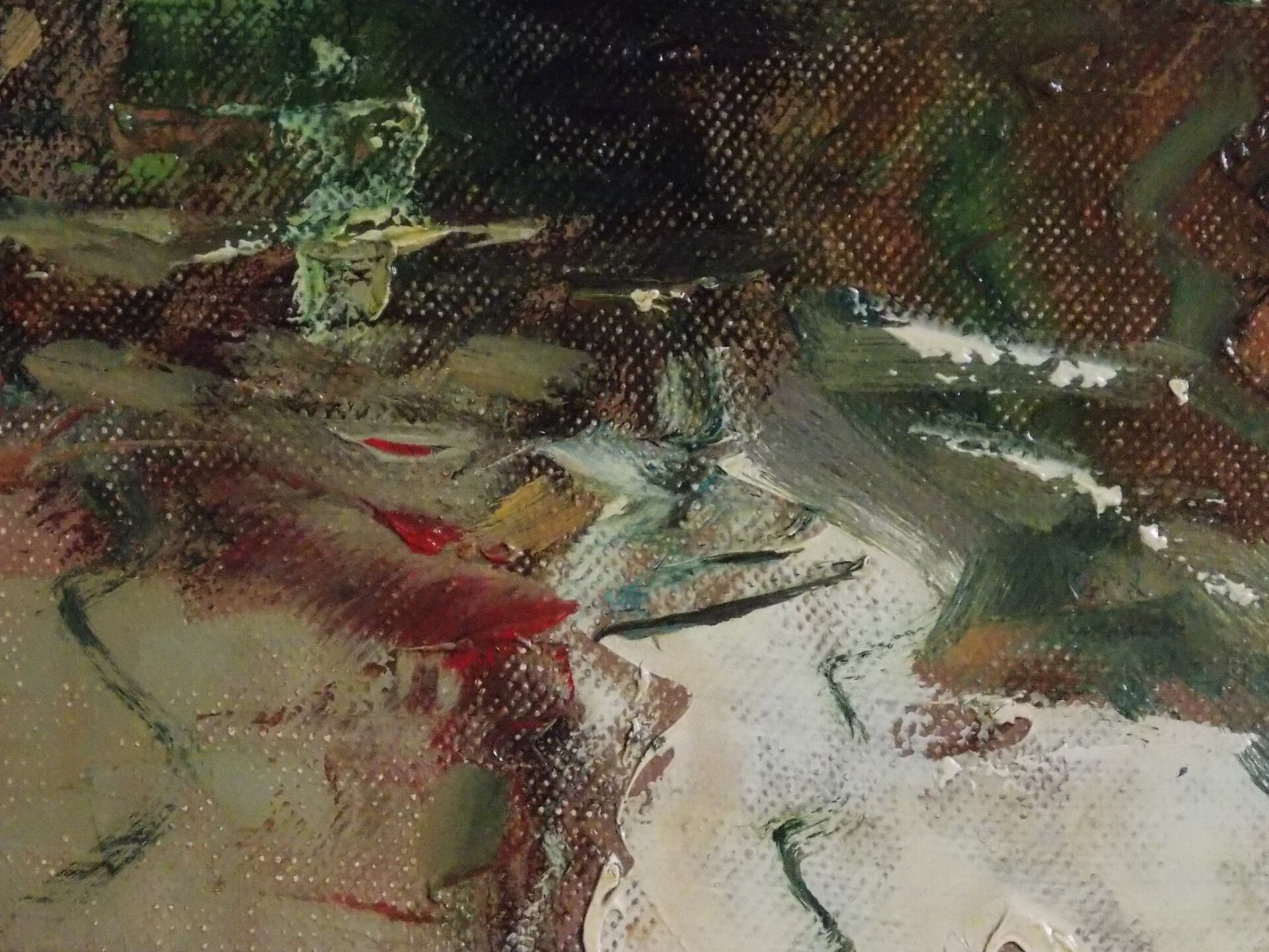 Ilustracja przedstawia pracę Andrzeja Krzywki, zatytułowaną. „Pejzaż”. Na obrazie widoczna jest rzeka oraz dwa jej brzegi. Obraz jest wykonany na płótnie. Autor położył niezbyt grubą warstwę farby olejnej, przez którą przebija faktura podobrazia (płótna).