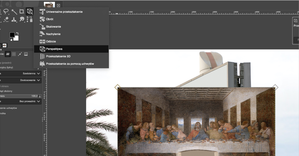 Ilustracja przedstawia okno programu. W obszarze roboczym jest obraz Leonarda da Vinci. W tle obrazu jest banner. Z paska narzędzi wybrano perspektywę. 