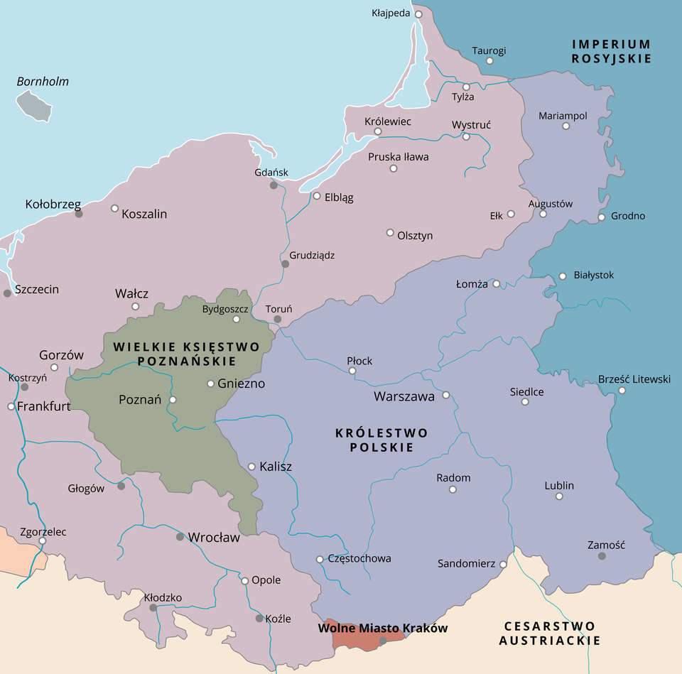  Mapa przedstawia Królestwo Polskie. Powstało ono z ziem dotychczasowego Księstwa Warszawskiego, ale bez zwróconych Prusom: zachodniej części Wielkopolski (Poznańskie) i Bydgoszczy, z których to utworzone zostało Wielkie Księstwo Poznańskie, a także bez ziemi chełmińskiej z Toruniem, Chełmnem i Brodnicą w Prusach Zachodnich. Z lewobrzeżnych okolic Krakowa stworzono Wolne Miasto Kraków, a Cesarstwo Austrii zagarnęło prawobrzeżny okręg Wieliczki i Podgórza. Królestwo Polskie zawierało obszar z miastami takimi jak Kalisz, Częstochowa, Sandomierz, Radom, Lublin, Zamość, Siedlce, Warszawa, Płock, Łomża, Augustów, Mariampol. Zaś Imperium Rosyjskie to obszar z miastami Brześć Litewski, Białystok, Grodno, Taurogi. 