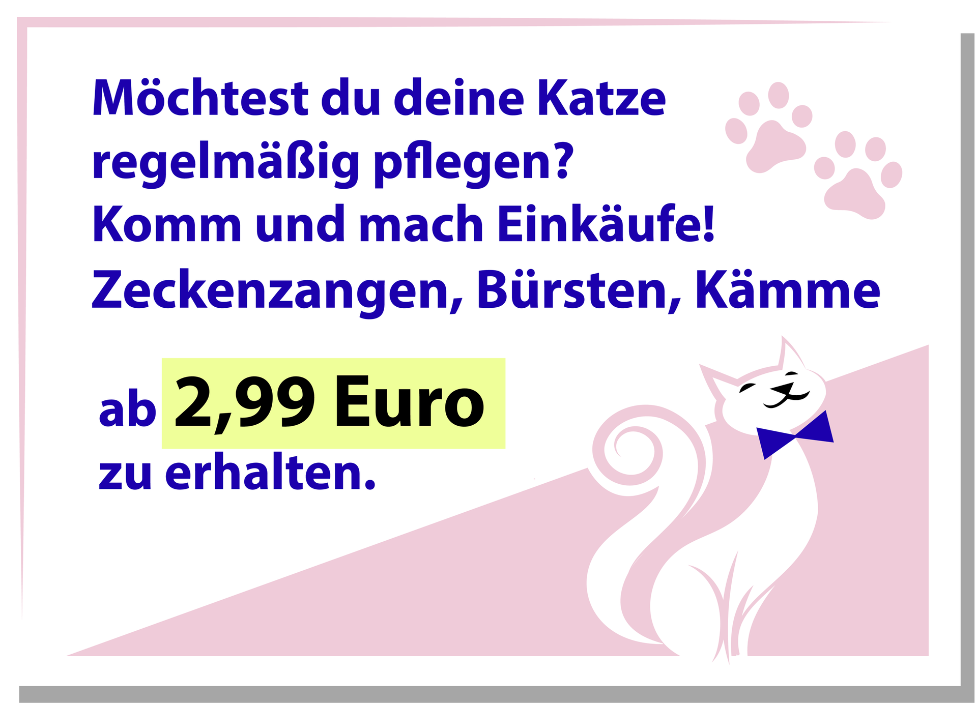 Ilustracja przedstawia ulotkę reklamową. Widoczny jest rysunek przedstawiający kota w eleganckiej muszce. Transkrypcja reklamy dostępna jest poniżej.