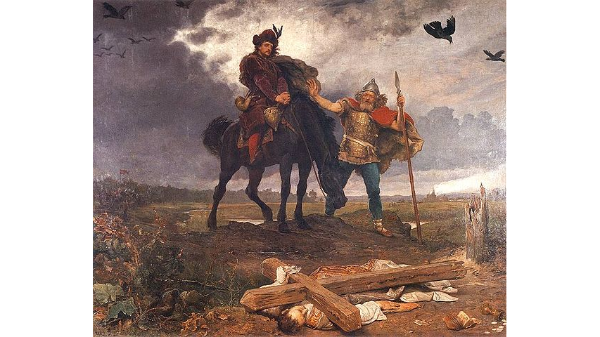 Obraz przedstawia siedzącego na czarnym koniu mężczyznę w ciemnoczerwonym stroju, przy którym stoi dojrzały mężczyzna. Ma on na sobie zbroję i hełm na głowie. Trzyma w lewej ręce włócznię, drugą ma wysuniętą przed siebie. Na ziemi przed mężczyznami leży powalony, drewniany krzyż. Leży pod nim mężczyzna w białej szacie. W tle jest ciemne niebo z chmurami.