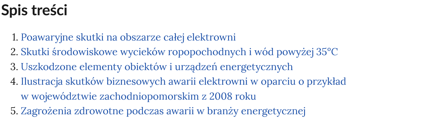 Grafika przedstawia spis treści, za pomocą którego można przemieszczać się miedzy częściami multimedium. Spis treści składa się z punktów opatrzonych tytułami, umieszczonych jeden pod drugim.