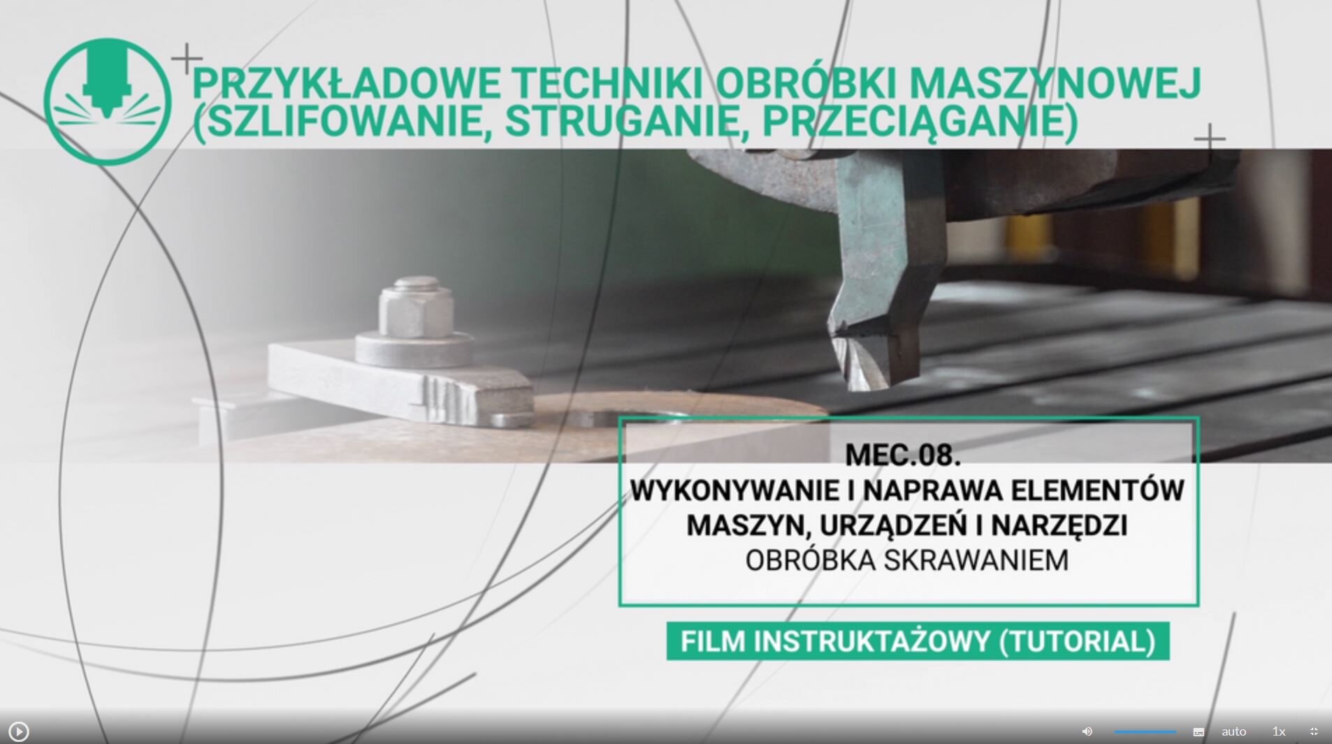 Widok ekranu filmu instruktażowego. U góry znajduje się jego tytuł, w tle jest grafika, a w prawym dolnym rogu nazwa i tytuł lekcji.