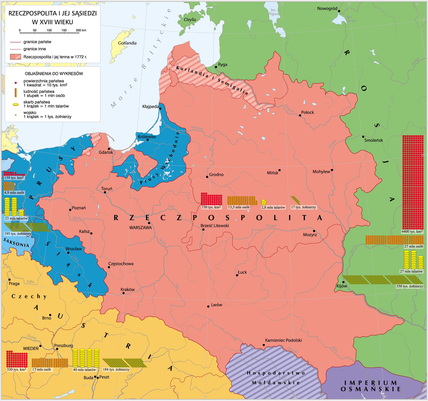 Mapa - Rzeczpospolita i jej sąsiedzi w XVIII w.