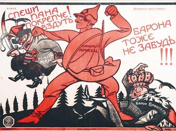 Plakat propagandowy. Pośrodku stoi nadnaturalnych rozmiarów żołnierz sowiecki, cały na czerwono. Trzyma w lewej ręce nienaturalnie mała postać mężczyzny w stroju szlachcica i zamierza się na niego prawą pięścią. Za żołnierzem leży na ziemi mężczyzna w stroju króla.