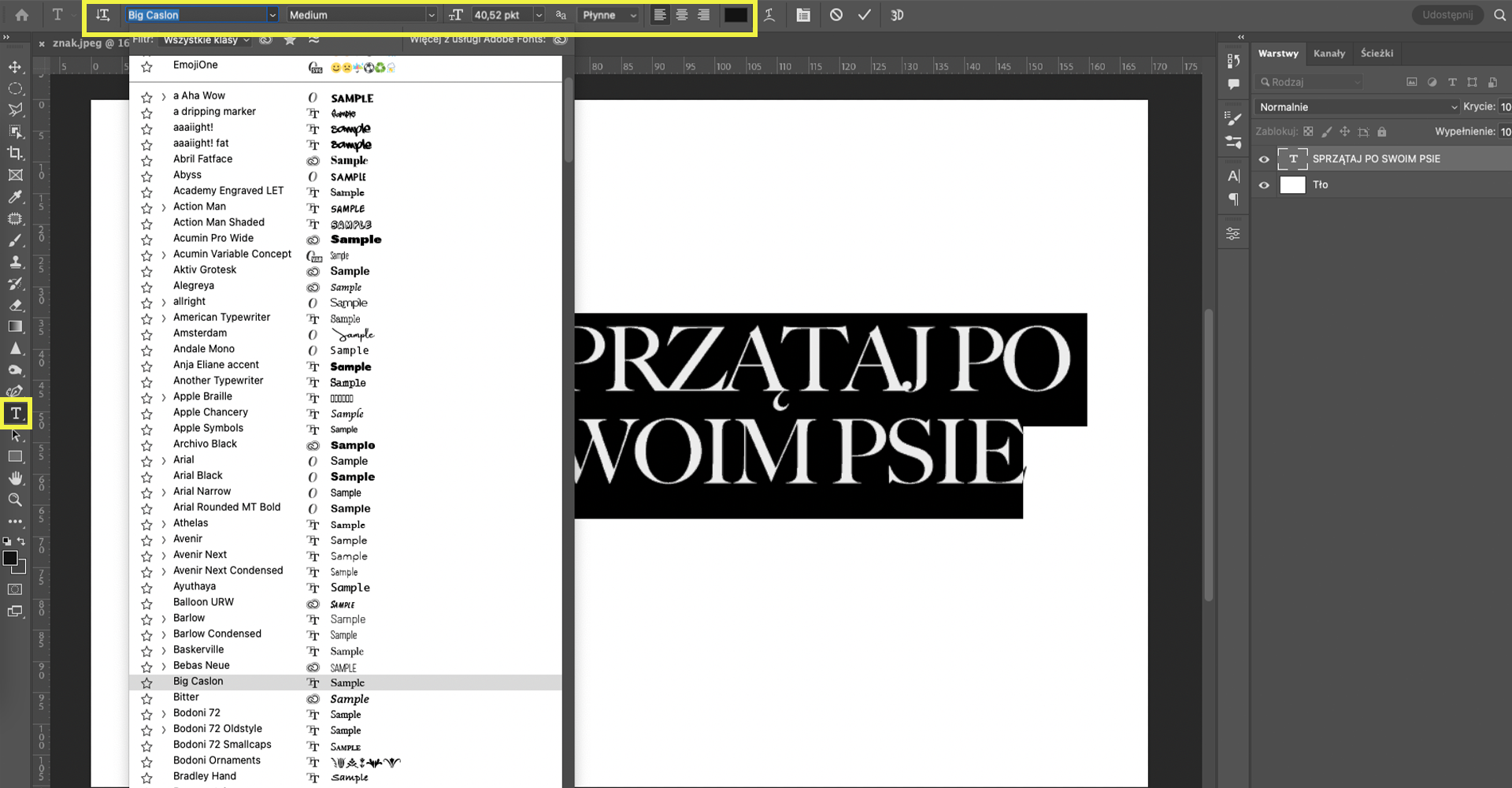 Ilustracja przedstawia okno programu. Po lewej stronie otwarta jest lista czcionek. W obszarze roboczym znajduje się tekst: SPRZĄTAJ PO SWOIM PSIE. Napis wykonano białą czcionką na czarnym tle. Po prawej stronie jest panel dotyczący warstw. Zaznaczono warstwę o nazwie: SPRZĄTAJ PO SWOIM PSIE. 