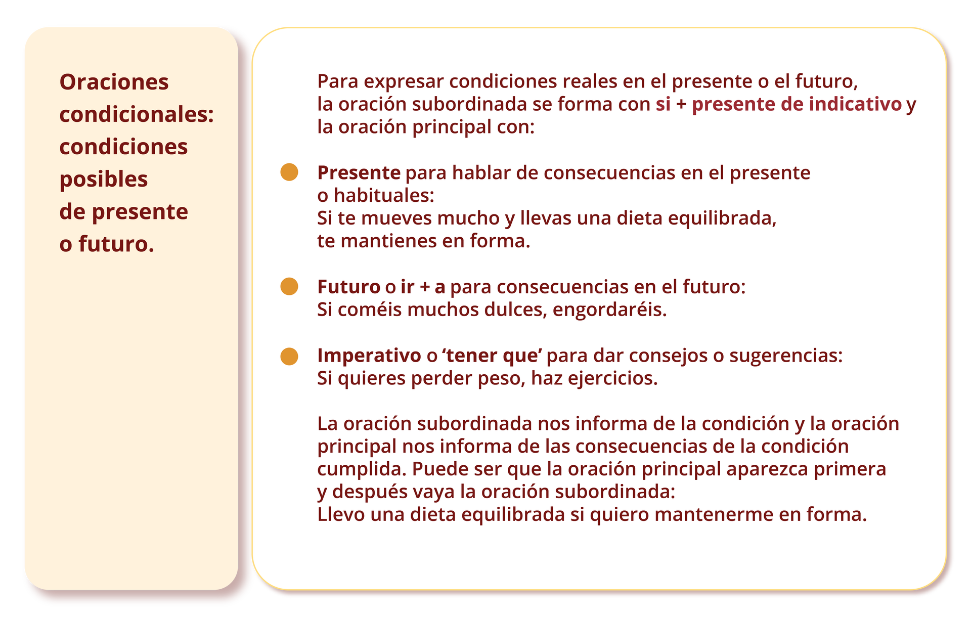 Nagłówek: Oraciones condicionales: condiciones posibles de presente o futuro. Poniżej: Para expresar condiciones reales en el presente o el futuro, la oración subordinada se forma con si + presente de indicativo y la oración principal con: Presente para hablar de consecuencias en el presente o habituales: Si te mueves mucho y llevas una dieta equilibrada, te mantienes en forma. Futuro o ir + a para consecuencias en el futuro: Si coméis muchos dulces, engordaréis. Imperativo o ‘tener que’ para dar consejos o sugerencias: Si quieres perder peso, haz ejercicios. La oración subordinada nos informa de la condición y la oración principal nos informa de las consecuencias de la condición cumplida. Puede ser que la oración principal aparece primera y después va la oración subordinada. Llevo una dieta equilibrada si quiero mantenerme en forma.