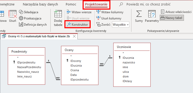 Ilustracja przedstawia projekt kwerendy: Jan Augustyniak oceny polski w programie Microsoft Access.    W górnej części znajduje się pasek narzędzi, na którym czerwonym prostokątem zaznaczono zakładkę Projektowanie.  W zakładce Projektowanie nzajduje się sekcja Konfiguracja kwerendy, w której czerwonym prostokątem znaznaczono opcję Konstruktor z ikoną różdżki. Poniżej znajdują się trzy tabele: Przedmioty, Oceny, Uczniowie.    Tabela Przedmioty zawiera pola: IDprzedmiotu (z ikoną klucza), NazwaPrzedmiotu, Nazwisko_naucz, Imie_naucz.    Tabela Oceny zawiera pola: IDoceny (ikona klucza), IDucznia, Ocena, Data, IDprzedmiotu.     Tabela Uczniowie zawiera pola: IDucznia (ikona klucza), naziwsko, imie, ulica, dom, IDklasy.     Tabele te połączone są określonymi relacjami.     Od pola IDprzedmiotu z tabeli Przedmioty wychodzi prosta, na której początku znajduje się liczba 1, a następnie dąży pola IDprzedmiotu z tabeli Oceny gdzie na prostej znajduje się znak nieskończoności (relacja jeden do wielu).      Od pola IDucznia z tabeli Uczniowie wychodzi prosta, na której początku znajduje się liczba 1, a następnie dąży pola IDucznia z tabeli Oceny gdzie na prostej znajduje się znak nieskończoności (relacja jeden do wielu).   