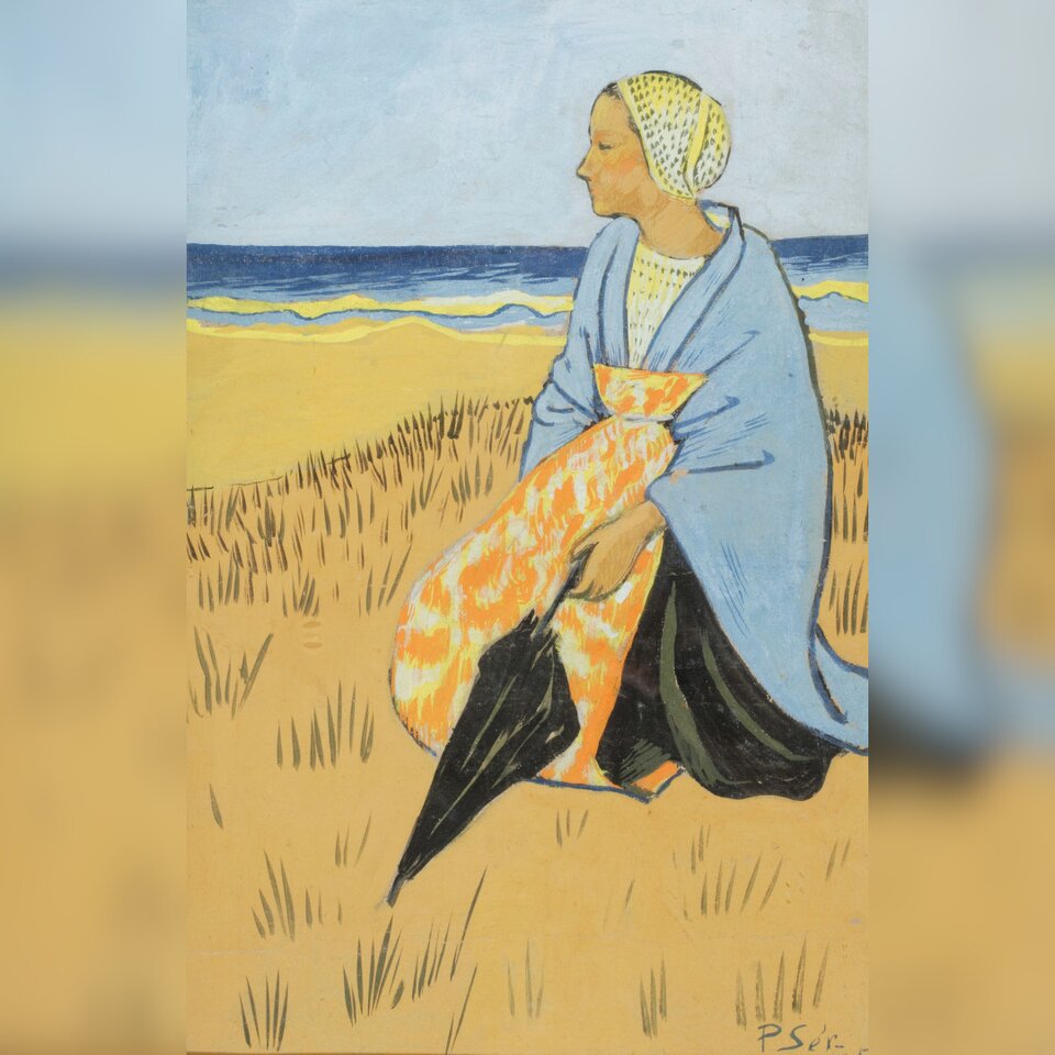 Obraz przedstawia kobietę, Bretonkę siedząca nad brzegiem morza. Siedzi ona lewym bokiem do widza. Jej twarz jest spokojna. Kobieta ubrana jest w niebieską chustę i czarną spódnicę. Na głowie kobiety znajduje się czepek. W lewej ręce kobieta trzyma czarną, dużą parasolkę. Brzeg morza, na którym siedzi kobieta, jest porośnięty niewielką trawą. Na drugim planie znajduje się morze.