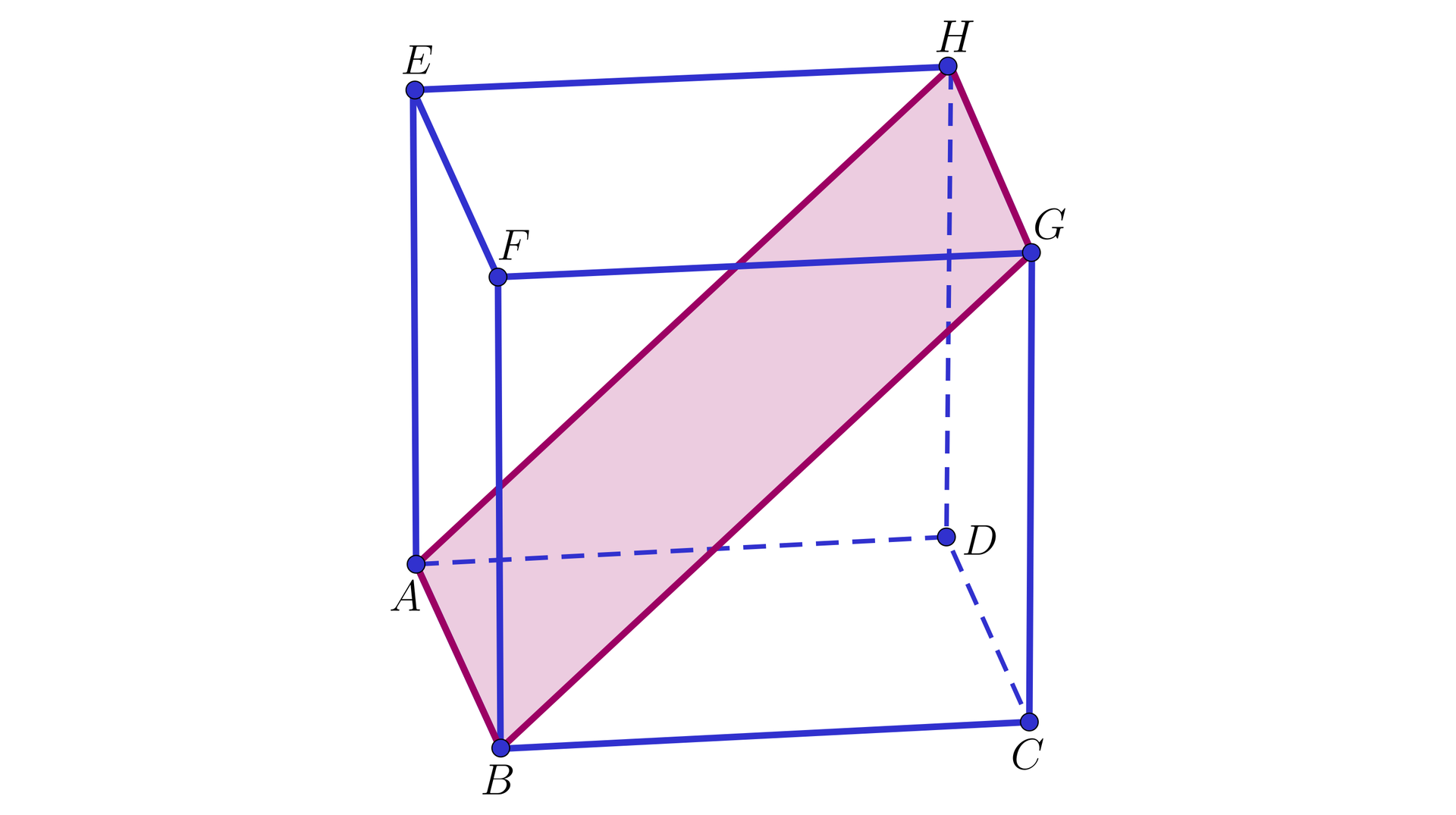 Ilustracja przedstawia sześcian A B C D E F G H. Po przekątnej ściany bocznej, przez odcinki AB oraz HG przebiega płaszczyzna