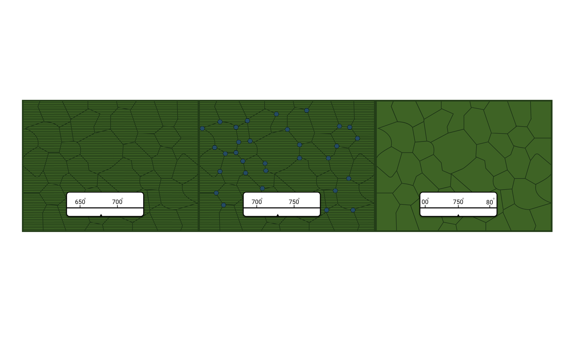 Na ekranie przedstawiono w trzech kwadratach strukturę stali dla różnych wartości liczbowych. Po lewej stronie na strukturze pojawiają się paski, po środku pojawiają się kółeczka, a po prawej stronie jest jedynie struktura bez żadnych dodatkowych elementów.