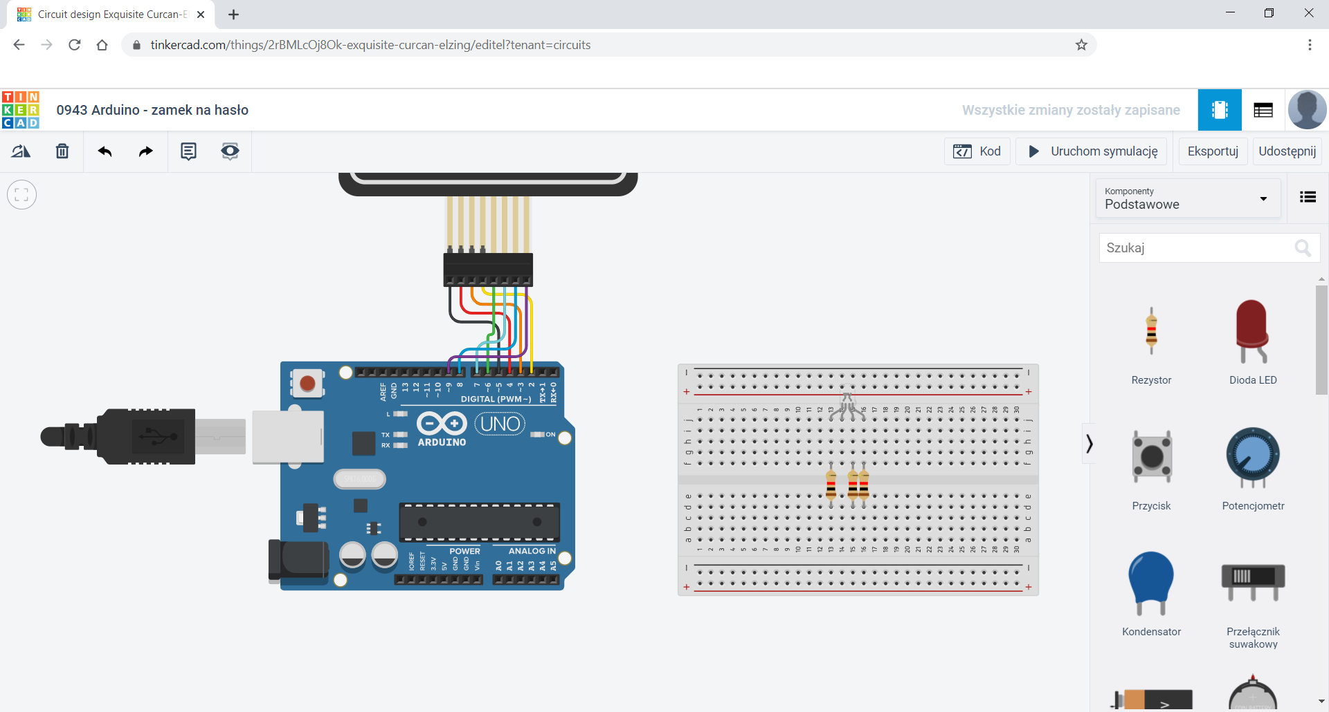 Na zrzucie ekranu widoczne jest środowisko Tinkercad. W oknie głównym znajduje się moduł Arduino UNO połączony z klawiaturą membranową oraz płytka stykowa z diodą LED RGB z rezystorami 1 kΩ. połączonych z każdą anodą diody. 
