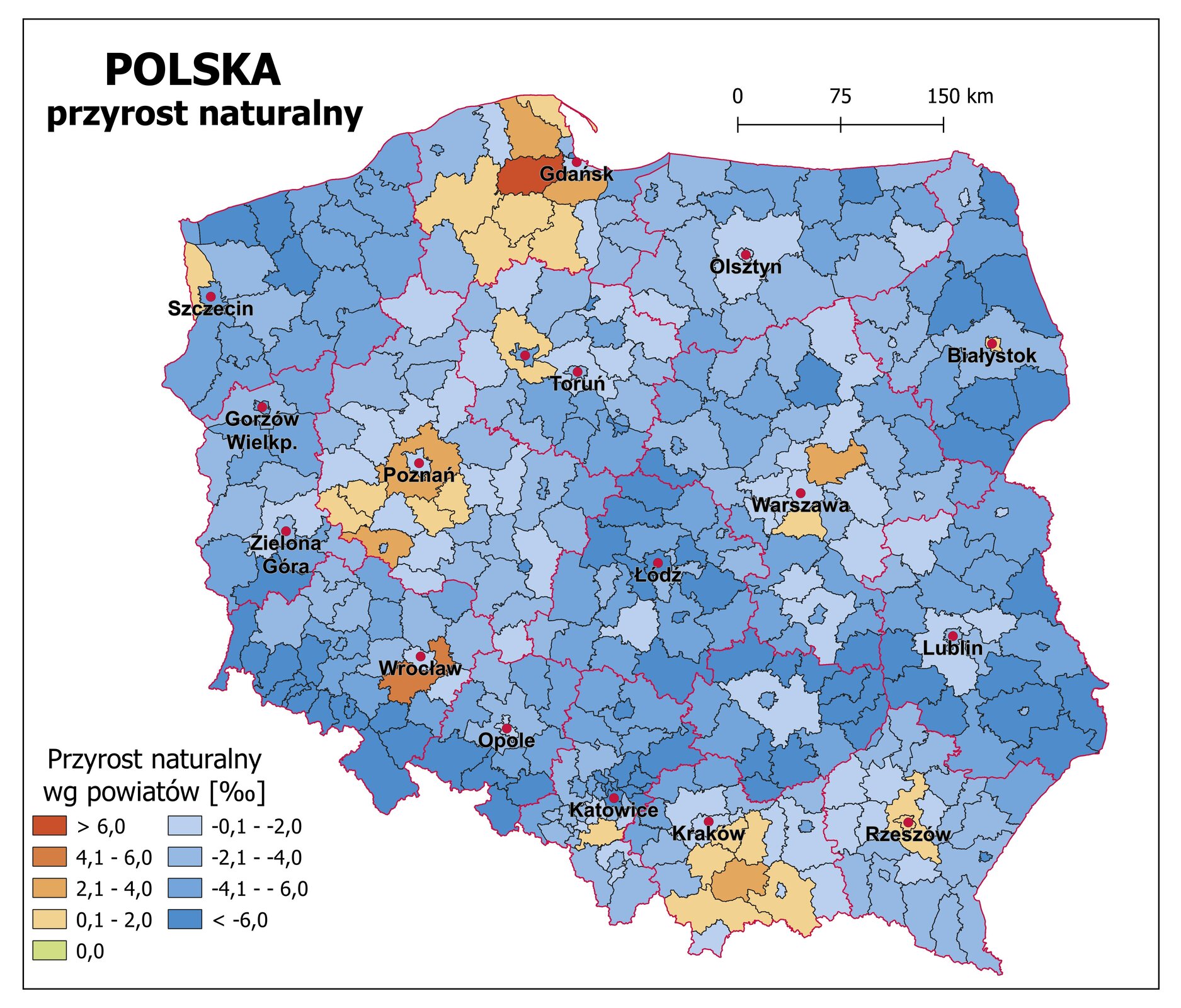Ilustracja przedstawia mapę Polski z podziałem na województwa i powiaty. Na mapie przedstawiono przyrost naturalny. Granice województw zaznaczone są czerwoną linią. Granice powiatów zaznaczone są czarną linią. Odcieniami koloru pomarańczowego przedstawiono powiaty, w których przyrost naturalny jest dodatni (województwo pomorskie, wielkopolskie, podkarpackie, małopolskie, centralna część województwa mazowieckiego i południowa część województwa śląskiego), a odcieniami koloru niebieskiego – ujemny (pozostałe województwa). Kolorem zielonym oznaczono powiaty, w których przyrost naturalny jest równy zero (dwa powiaty – jeden w województwie kujawsko‑pomorskim, drugi w województwie lubuskim). Czerwonymi kropkami zaznaczono miasta wojewódzkie. Po lewej stronie mapy na dole w legendzie umieszczono kolorowe prostokąty i opisano wielkość przyrostu naturalnego w promilach. Czterema odcieniami koloru pomarańczowego przedstawiono powiaty, w których przyrost naturalny jest dodatni (do dwóch , dwa do czterech, cztery do sześciu i powyżej sześciu promili), a czterema odcieniami koloru niebieskiego – ujemny (do dwóch , dwa do czterech, cztery do sześciu i powyżej sześciu promili). Kolorem zielonym oznaczono powiaty, w których przyrost naturalny jest równy zero.