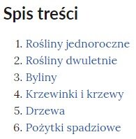 Przykładowy interaktywny spis treści umożliwiający nawigowanie między planszami. Na górze znajduje się napis: Spis treści. Następnie w sześciu punktach wypisane są tytuły poszczególnych planszy.