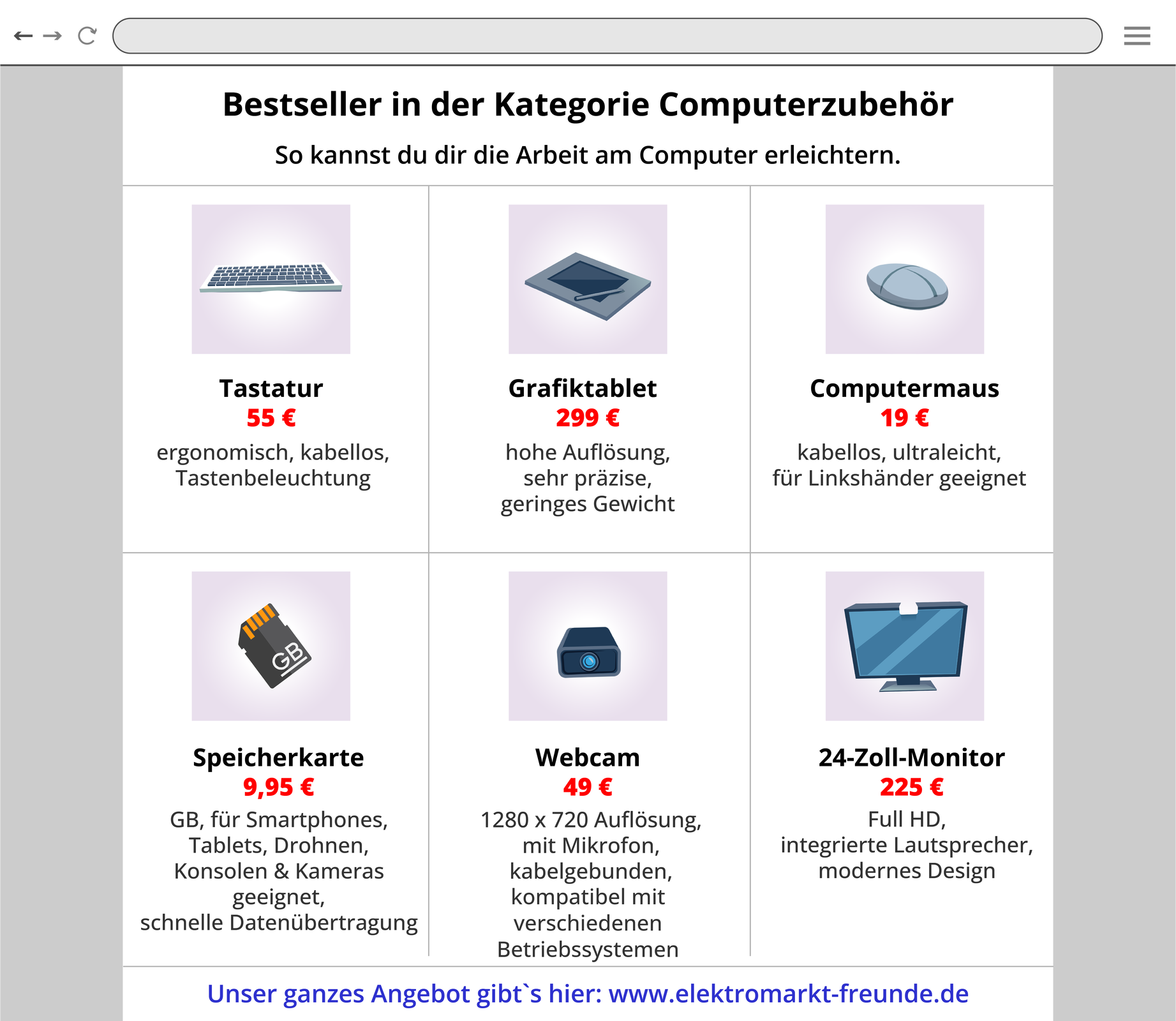 Ilustracja przedstawia sklep internetowy ze sprzętem elektronicznym. Widoczne są rysunki klawiatury, tabletu, myszki, karty pamięci, kamerki internetowej i monitora. Pod każdym produktem jest jego cena i powiązane z nim słowa kluczowe. Transkrypcja dostępna jest poniżej.