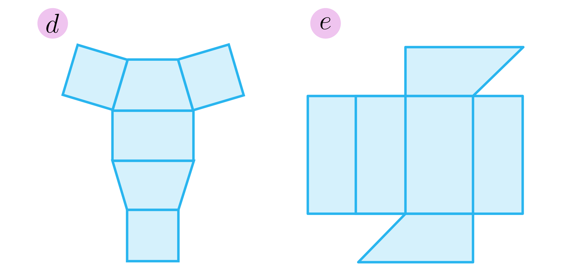 Ilustracja przedstawia dwie siatki. Siatka d składa się trzech identycznych kwadratów, dwóch identycznych trapezów równoramiennych oraz prostokąta. Ułożenie figur w siatce d jest następujące: do pierwszego kwadratu z jego prawej strony przylega lewym ramieniem trapez. Prawe ramię tego trapezu przylega do drugiego kwadratu. Do dolnej dłuższej podstawy tego trapezu przylega swym górnym dłuższym bokiem prostokąt. Do dolnego boku prostokąta przylega swą górną, dłuższą podstawą przylega drugi trapez. Do dolnej, krótszej podstawy drugiego trapezu swym górnym bokiem przylega ostatni kwadrat. Siatka e składa się czterech prostokątów, przy czym mają one takiej samej długości dłuższe boki, ale mają różnej długości krótsze boki. Siatka e składa się również z dwóch identycznych trapezów prostokątnych. Od lewej mamy: pierwszy prostokąt o krótszym boku o długości takiej, jak dłuższa podstawa trapezów.  Do prawego dłuższego boku tego prostokąta przylega drugi prostokąt o krótszym boku o długości takiej, jak prostopadłe do podstaw ramię trapezu. Do dłuższego boku prostokąta z prawej strony przylega prostokąt o boku krótszym o długości krótszej podstawy trapezu. Do górnego boku tego prostokąta przylega dolną, krótszą podstawą trapez. Jego lewe ramię jest ramieniem prostopadłym do podstaw. Jego prawe ramię jest ukośne pod podstaw, a jego górna podstawa jest dłuższa. Do dolnego boku tego samego prostokąta przylega drugi trapez swoją górną krótszą podstawą. Jego lewe ramię jest ukośne do podstaw, a prawe ramię jest do nich prostopadłe. Dolna podstawa trapezu jest dłuższa. Do prawego boku tego samego prostokąta przylega ostatni prostokąt o krótszym boku  o długości ukośnego ramienia trapezu.