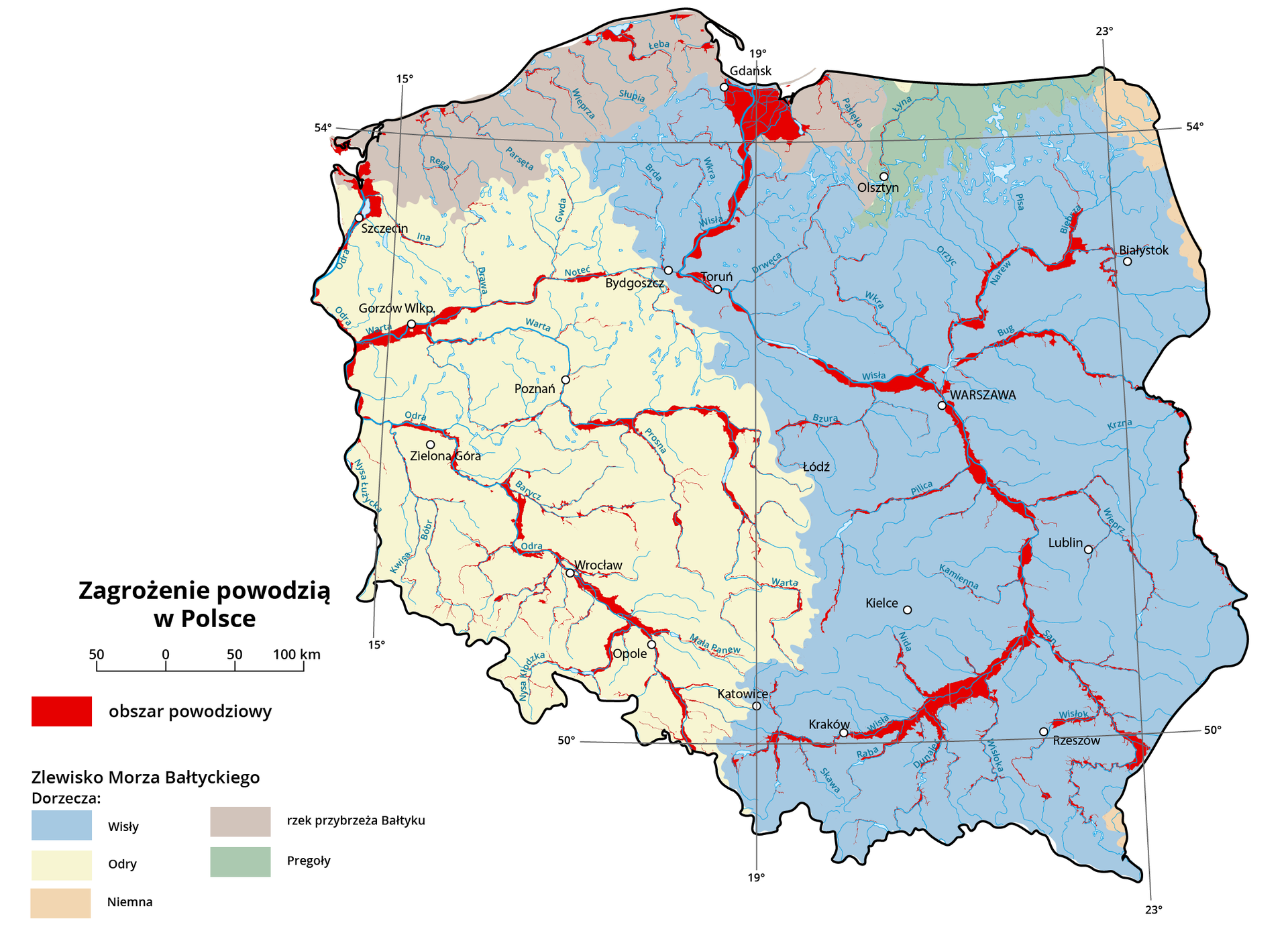 Na mapie Polski zaznaczono na czerwono obszary powodziowe. Największe zagrożenie powodziowe występuje w Polsce południowej, północnej i na wybrzeżu. Największy obszar to ujście Wisły, a także regiony wodne Małej Wisły, Górnej Wisły (Wschodniej i Zachodniej) oraz Górnej i Środkowej Odry. Wyróżnia się także obszar Wisły w pobliżu Wrocławia, pomiędzy Wisłoką, Dunajcem i Rabą na południu Polski, w rejonie Warszawy. Następnie jest Warta w rejonie Gorzowa Wielkopolskiego, Narew i Biebrza w pobliżu Białegostoku, Odra u ujścia.  Mapę podzielono na zlewiska Morza Bałtyckiego, dorzecza Wisły, Odry, Niemna, rzek przybrzeża Bałtyku, Pregoły. Dorzecze Wisły zajmuje wschodnią połowę Polski, na zachodzie obejmuje Gdańsk, Toruń, Łódź, Katowice. Dorzecze Odry obejmuje obszar przylegający do dorzecza Wisły, tym samym zachodnią połowę kraju. Dorzecze Niemna obejmuje wschodnią część województwa podlaskiego. Dorzecze Pregoły północne obszary województwa warmińsko-mazurskiego, Dorzecze rzek przybrzeża Bałtyku północne obszary województw zachodniopomorskiego i pomorskiego.      