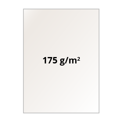Grafika przedstawia prostokąt w pionie obrazujący kartkę, w który wpisany jest napis z czarnych liter 175 gram łamane na metr kwadratowy.
