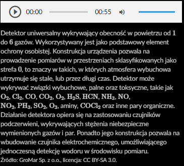 Opis grafiki znajdujący się pod nią. U góry widać biały pasek a na nim kolejno od lewej umieszczone są: ikona odtwarzania nagrania, czas odsłucanego nagrania i całego nagrania. pasek postępu odtwarzania nagrania, ikona włączenia lub wyłączenia lektora i pasek głośności. Pod paskiem znajduje się opis zdjęcia. 