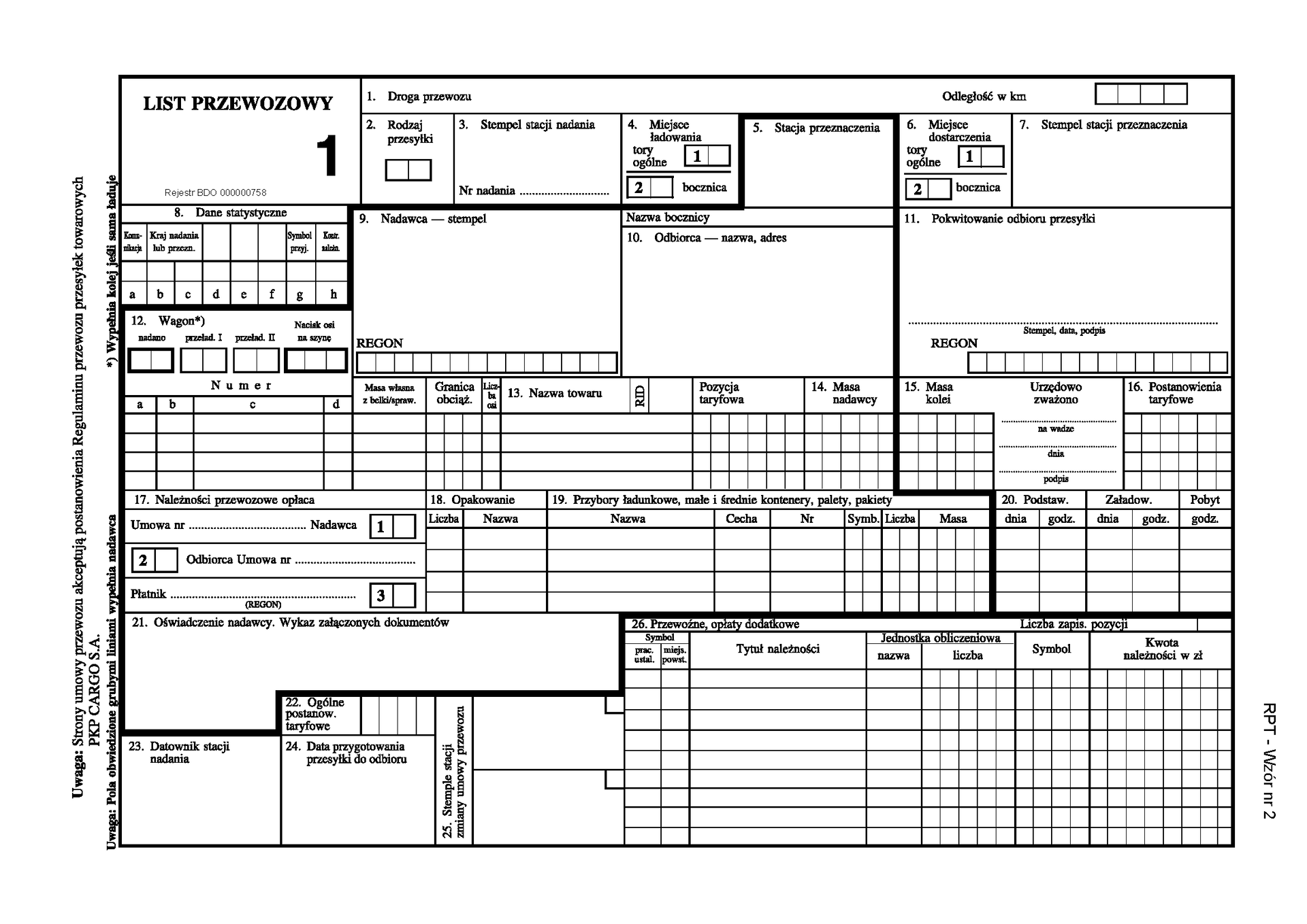 Ilustracja przedstawia list przewozowy. Dokument ten ma formę tabelaryczną jest tu miejsce na informacje takie jak droga przewozu, odległość w kilometrach, rodzaj przesyłki, stemple, miejsce ładowania oraz stację przeznaczenia. Głównym elementem dokumentu jest opis wagonu oraz przewożonego towaru. Jest tu również miejsce na pokwitowania oraz zapisy dotyczące opłat oraz odbioru przesyłki.