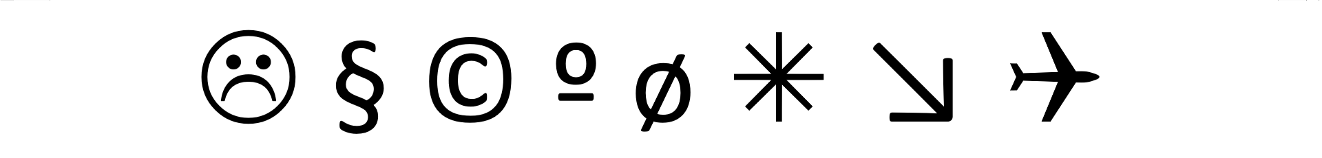 Ilustracja przedstawia symbole: buźka, paragraf, C, stopień, zbiór pusty, gwiazdka, strzałka, samolot.