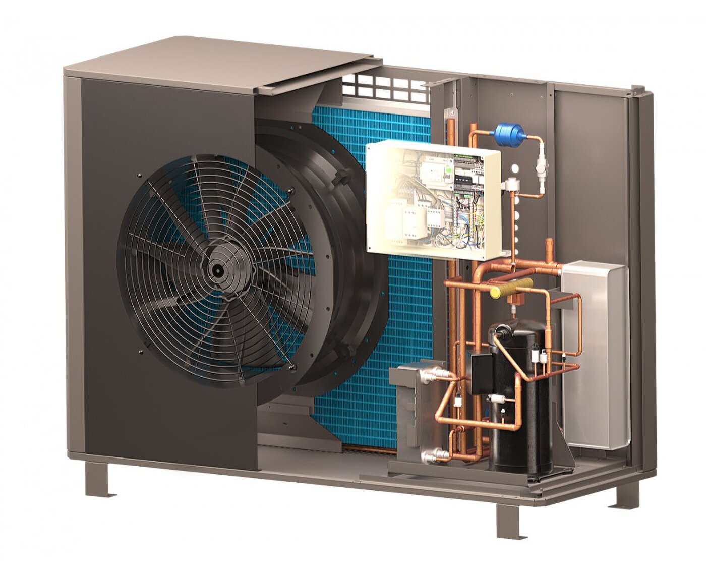 Grafika ukazuje wewnętrzną budowę pompy ciepła typu monoblok. Podstawowym elementem pompy jest wentylator, za nim znajduje się parownik przypominający wyglądem dużą aluminiową chłodnicę. Na prawo znajduje się czarny pojemnik w kształcie walca – to sprężarka. W obudowie znajdują się również mniejsze elementy: zawór rozprężny do kontroli ilości czynnika, skraplacz, skrzynka z modułem elektronicznym sterującym pracą urządzenia. Elementy połączone są ze sobą systemem rurek.