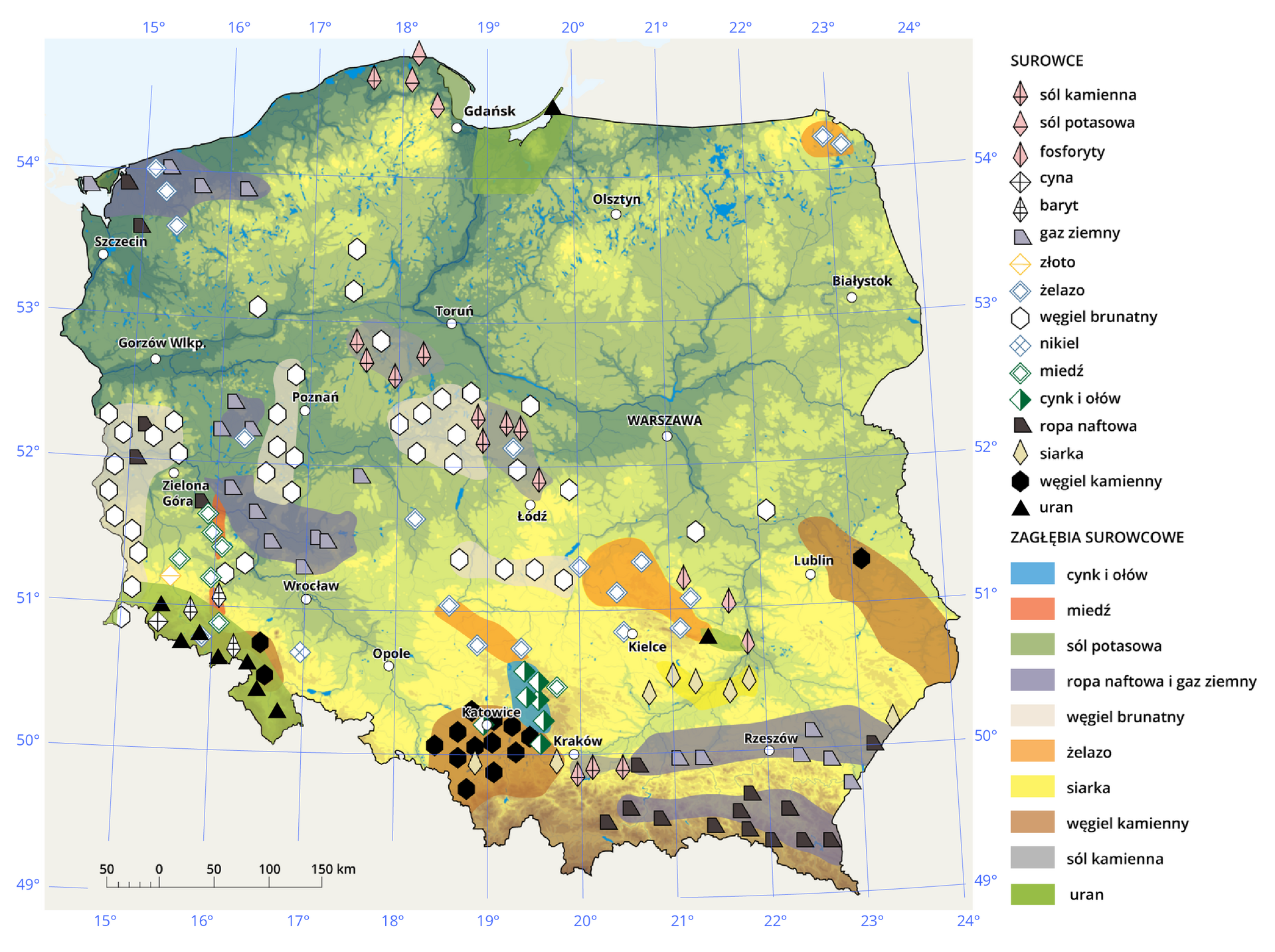 Mapa występowania surowców mineralnych w Polsce. Na hipsometrycznej mapie Polski sygnaturami oznaczono miejsca występowania danych surowców. Po prawej stronie legenda. Oznaczone surowce: sól kamienna, sól potasowa, fosforyty, cyna, baryt, gaz ziemny, złoto, żelazo, węgiel brunatny, nikiel, miedź, cynk i ołów, ropa naftowa, siarka, węgiel kamienny. Dodatkowo kolorami oznaczono powierzchnię, gdzie występują zagłębia surowcowe cynku i ołowiu, miedzi, soli potasowej, ropy naftowej i gazu ziemnego, węgla brunatnego, żelaza, siarki, węgla kamiennego, soli kamiennej. Występowanie poszczególnych surowców: sól kamienna - obszar na południowy zachód od Torunia, na północ od Łodzi, okolice Krakowa oraz na północny zachód od Gdańska, sól potasowa - okolice Gdańska, fosforyty - obszar na północny wschód od Kielc oraz południowy zachód od Lublina, cyna - zachodnie Sudety, baryt - środkowe Sudety, gaz ziemny - na wschód i zachód od Rzeszowa, obszar na północ od Wrocławia oraz na południe od Poznania, rozległy obszar na zachodnim wybrzeżu, na północ od Szczecina, złoto - na północ od zachodnich Sudetów, żelazo - w Sudetach, na północno‑wschodnim krańcu Polski, na północny wschód od Szczecina, na północ, zachód, południe i południowy wschód od Łodzi, w okolicach Kielc, na północ od Krakowa oraz na południowy zachód od Poznania, węgiel brunatny -  rozległy obszar na południowo zachodniej granicy Polski od Sudetów do wysokości Poznania oraz na północ od Zielonej Góry, w okolicy Poznania oraz na południe od niego, w obszarze Poznań‑Toruń‑Łódź‑Kielce‑Wrocław oraz na północny zachód od Lublina, nikiel - na zachód od Opola, miedź - na południe od Zielonej Góry, cynk i ołów - w okolicy Katowic oraz na obszarze rozciągniętym na południe, znajdującym się pomiędzy Krakowem a Katowicami, ropa naftowa - rozległy obszar na przedpolu Karpat, oraz na północ od Szczecina, w okolicy Zielonej Góry i na pólnocny zachód od tego miasta, siarka - na południowy zachód od Kielc, na zachód od Krakowa oraz na wchodniej granicy Polski na wysokości Rzeszowa, węgiel kamienny - rozlgeły obsza w okolicy Katowic, sięgający do południowej granicy Polski, na północny wschód od Lublina, we wschodnich Sudetach, uran - w Sudetach, za wschód od Kielc oraz na granicy Polski w obszarze Zalewu Wiślanego. Obszary występowania zagłębi surowcowych: cynk i ołów - obszar pomiędzy Krakowem i Katowicami, miedź - północno - południowy pas na północ od Zielonej Góry, sól potasowa -  w Sudetach oraz w Zatoce Gdańskiej, ropa naftowa i gaz ziemny - dwa rozległe obszary w południowo wschodniej Polsce, dokładniej na obszarze Karpat i na przedgórzu Karpackim,  dwa obszary na północ od Wrocławia i południowy zachód od Poznania oraz obszar na północ od Szczecina, rozciągający się na wschód, węgiel brunatny - zagłębia na zachodniej granicy Polski, w jej południowej części, obszar w okolicy Poznania rozciągający się pasmowo na południe i dwa obszary na północny zachód i południe od Łodzi, żelazo - obszar na północno‑wschodnim krańcu Polski, obszar na północ od Kielc oraz obszar na północ od Katowic, siarka - zagłębie na południowy wschód od Kielc oraz na północny zachód od Rzeszow, węgiel kamienny - rozległe zagłębienie w okolicy Katowic rozciągające się na południe oraz zagłębie w południo wschodniej Polsce w okolicy Lublina rozciągające się na południowy wschód do granicy Polski, sól kamienna - obszary na południowy zachód od Torunia oraz na północ od Łodzi, uran - zagłębie obejmujące obszar Sudetów. Mapa posiada siatkę kartograficzną na której opisano wartości południków i równoleżników co 1 stopień. 