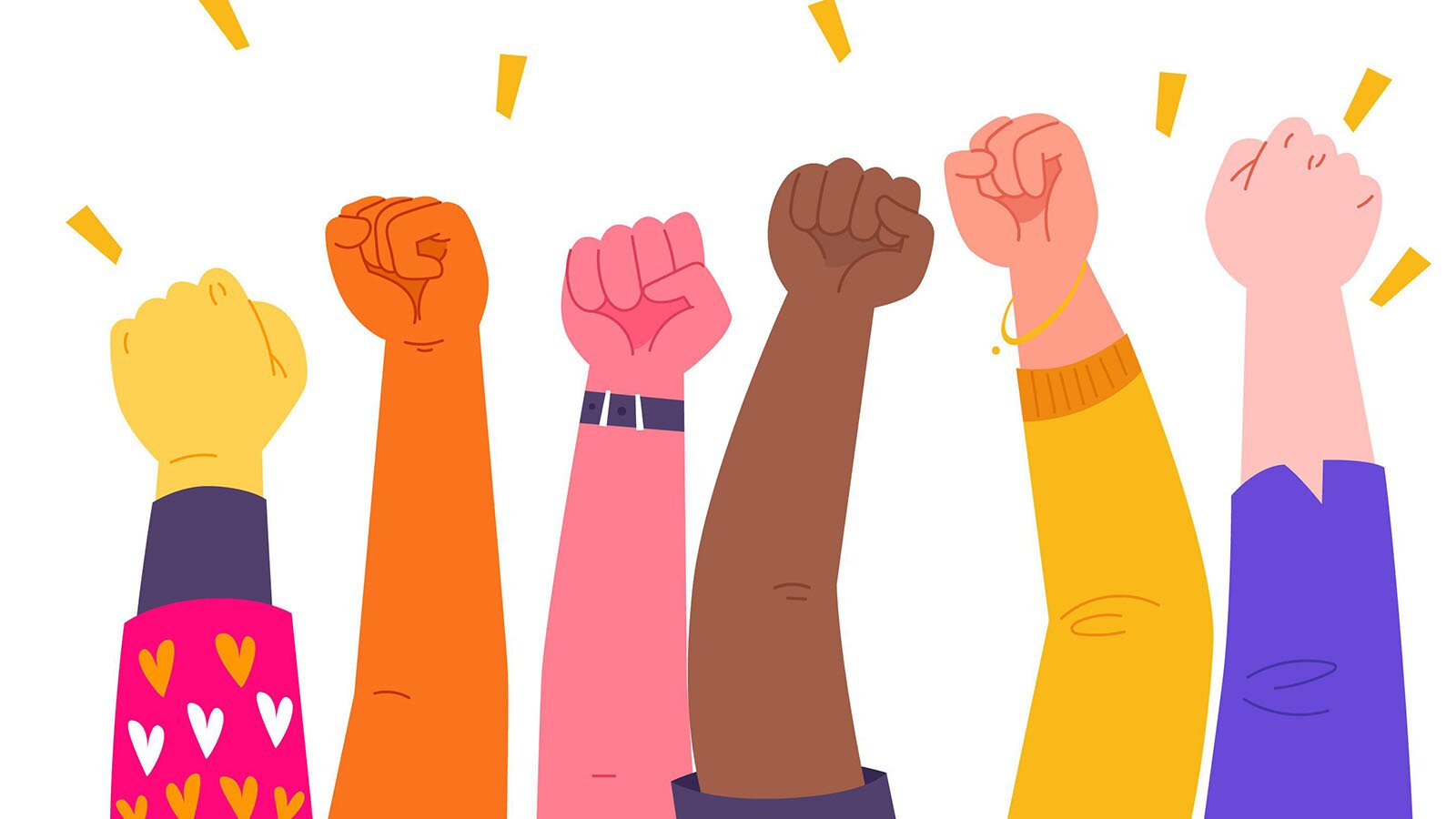 Ilustracja przedstawia sześć uniesionych rąk z zaciśniętą pięścią. Każda ręka ma inny odcień skóry.