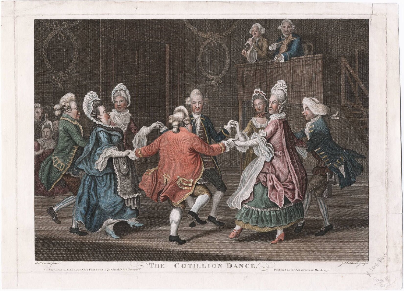 Ilustracja przedstawia obraz. Na pierwszym planie znajduje się 8 osób. Ustawieni są w kole i trzymają się za ręce, na zmianę kobieta, mężczyzna. Kobiety ubrane są w długie suknie z szerokimi, ozdobnymi rękawami. Mają też długie, białe rękawiczki, buty na obcasie oraz upięte włosy. Mężczyźni mają długie marynarki ze złotymi zdobieniami, białe koszule, spodnie do kolan, białe lub szare pończochy i czarne buty ze złotą klamrą. Na drugim planie, po prawej stronie jest brązowy balkon, do którego prowadzą schody w tym samym kolorze. Znajduje się tam 2 mężczyzn. Jeden z nich ma siwe włosy, brązową marynarkę i gran an flecie. Drugi ma siwe włosy, niebieską marynarkę i gra na skrzypcach. W tle z lewej strony znajdują się 3 osoby. Wszystkie osoby na obrazie znajdują się w pomieszczeniu o ciemnobrązowych ścianach z 2 beżowymi zdobieniami w kształcie okręgów z kokardami. Parkiet jest szaro‑brązowy. Pod obrazem znajduje się szary napis „The Cotillion Dance”. 