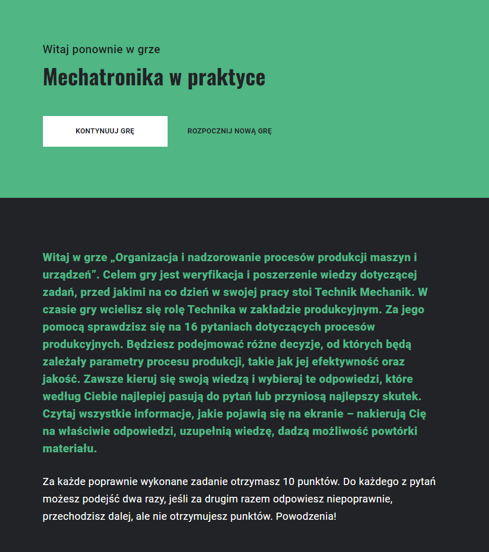 Przykładowy ekran w grze pojawiający się po ponownym wejściu. Poniżej taka sama instrukcja gry, która pojawiała się przy pierwszym odpaleniu gry.