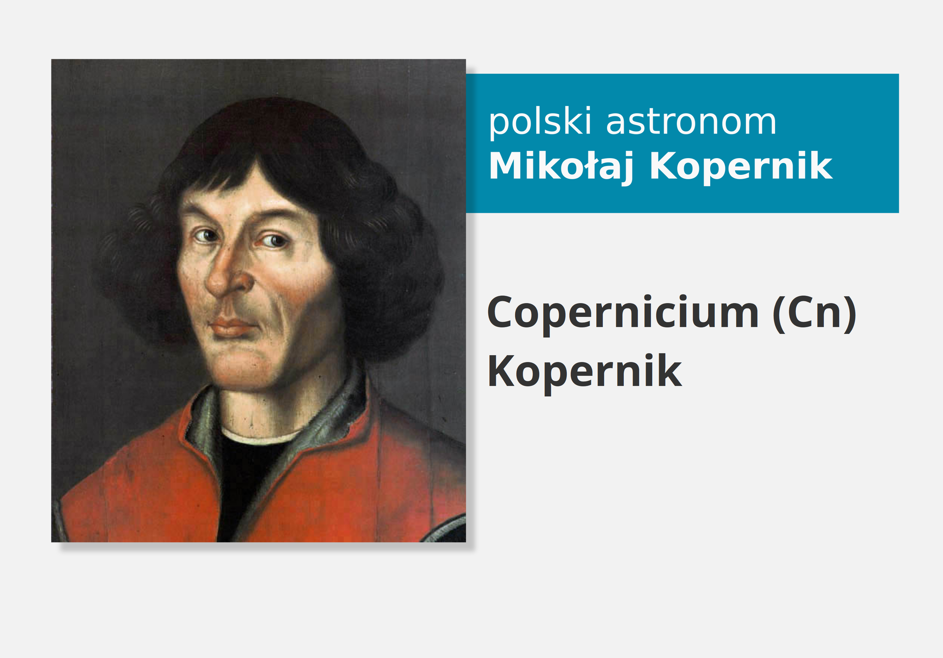 Portret polskiego astronoma Mikołaja Kopernika, obok nazwa i symbol pierwiastka Kopernik, łacińska nazwa Copernicum (Cn).