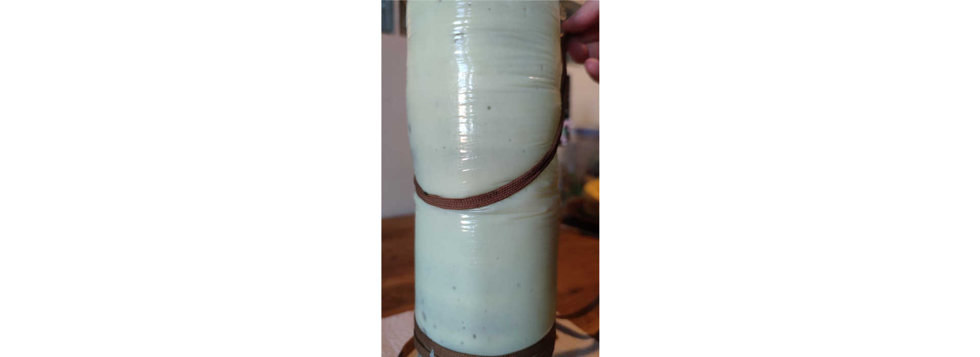 Zdjęcie 6. Plastikowa butelka o pojemności 1,5 l, wypełniona wodą, z naciągniętym na nią rękawem foliowym, uprzednio wytalkowanym w środku. W dolnej części butelki zawiązano sznurek. Pomiędzy rękaw a butelkę wlano od góry na całym obwodzie wystudzony budyń. Za sprawą grawitacji budyń częściowo spływa w dół sam, aż do osiągnięcia miejsca wiązania sznurkiem u podstawy butelki. Równomierne rozprowadzenie budyniu po całej powierzchni butelki można osiągnąć za pomocą drugiego sznurka, przesuwając go w górę i w dół na obwodzie butelki, kontrolując w ten sposób przesuwanie się budyniu wewnątrz folii. Na zdjęciu, w obszarze pomiędzy sznurkami, widoczne są drobne pęcherzyki powietrza, które należy usunąć posługując się górnym sznurkiem (patrz zdjęcie 7).